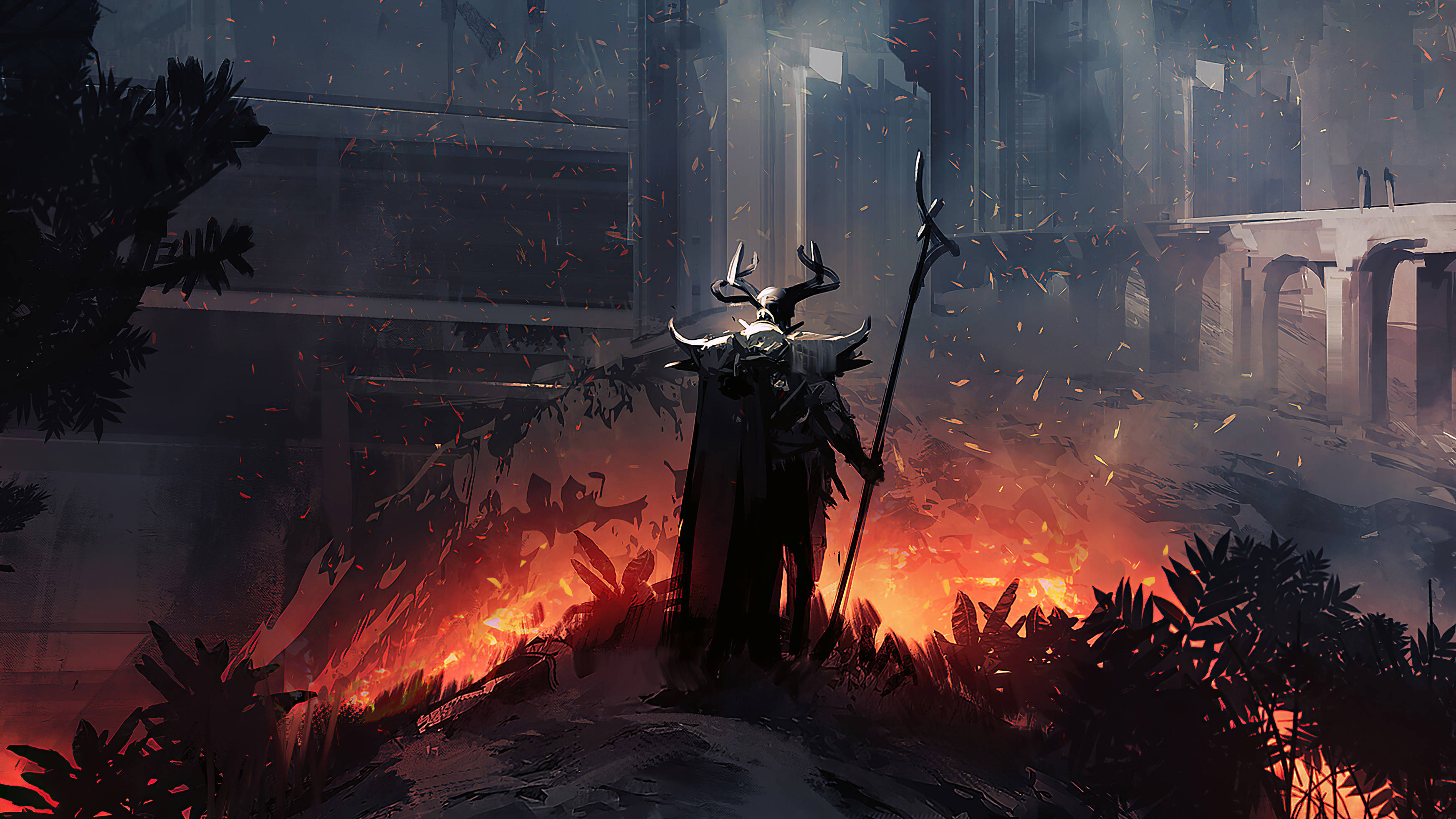 4K Devil, antlers, fiery ruin, 2K Desktop Wallpaper