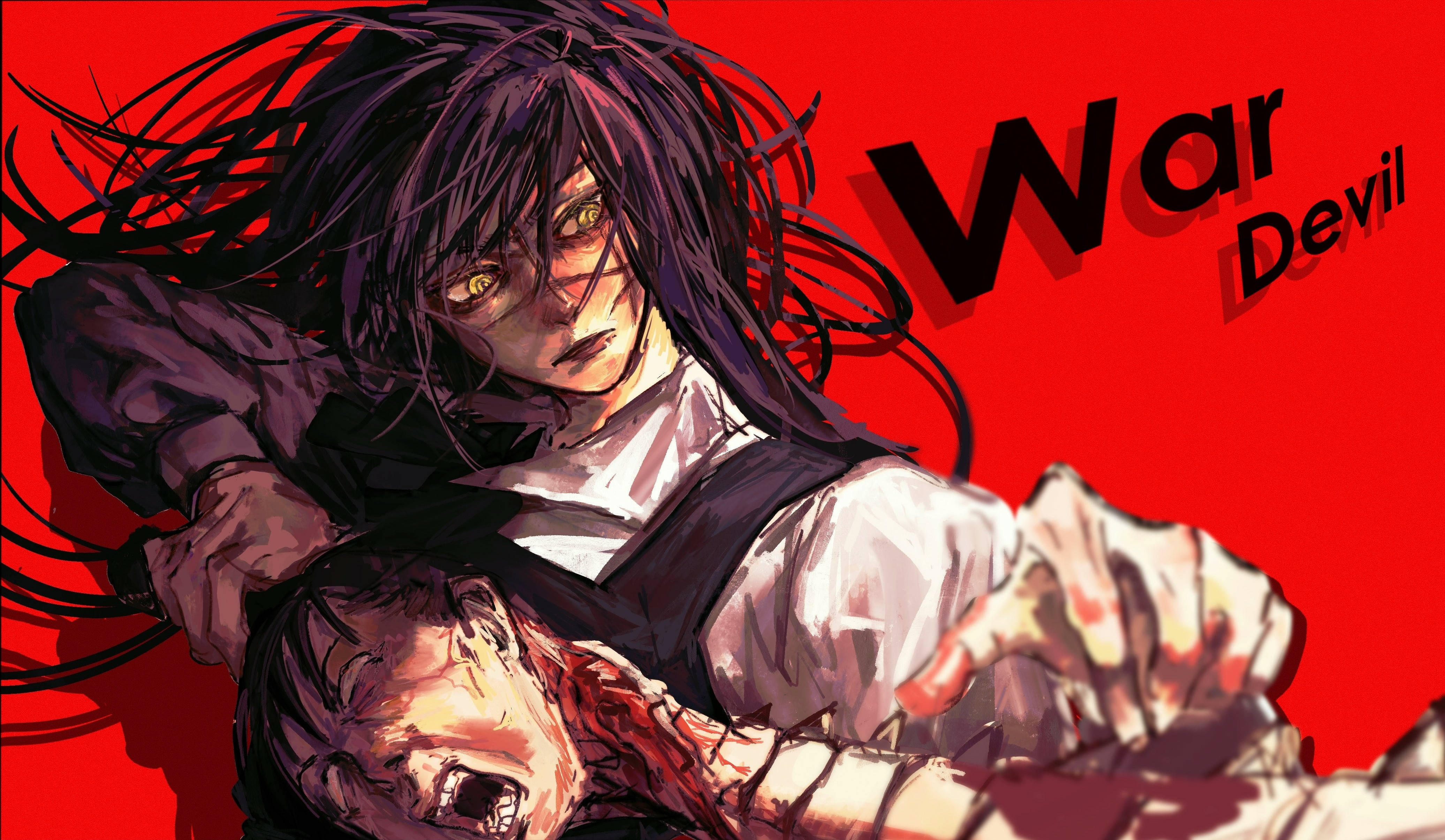 4K Devil Woman, dark-haired anime devil, glowing eyes, 4K Desktop Wallpaper
