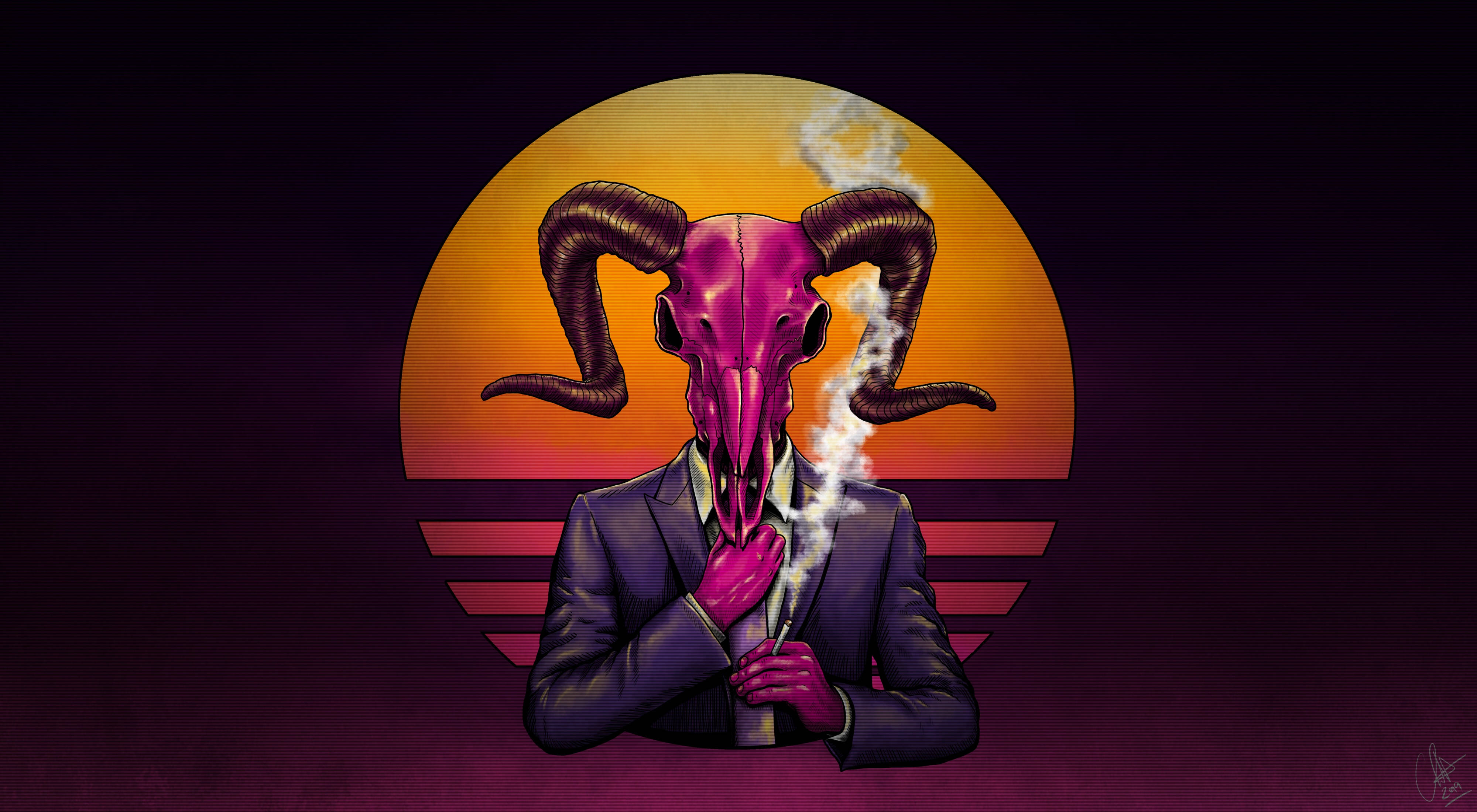 4K Devil, pink ram skull head, suit, 4K Desktop Wallpaper