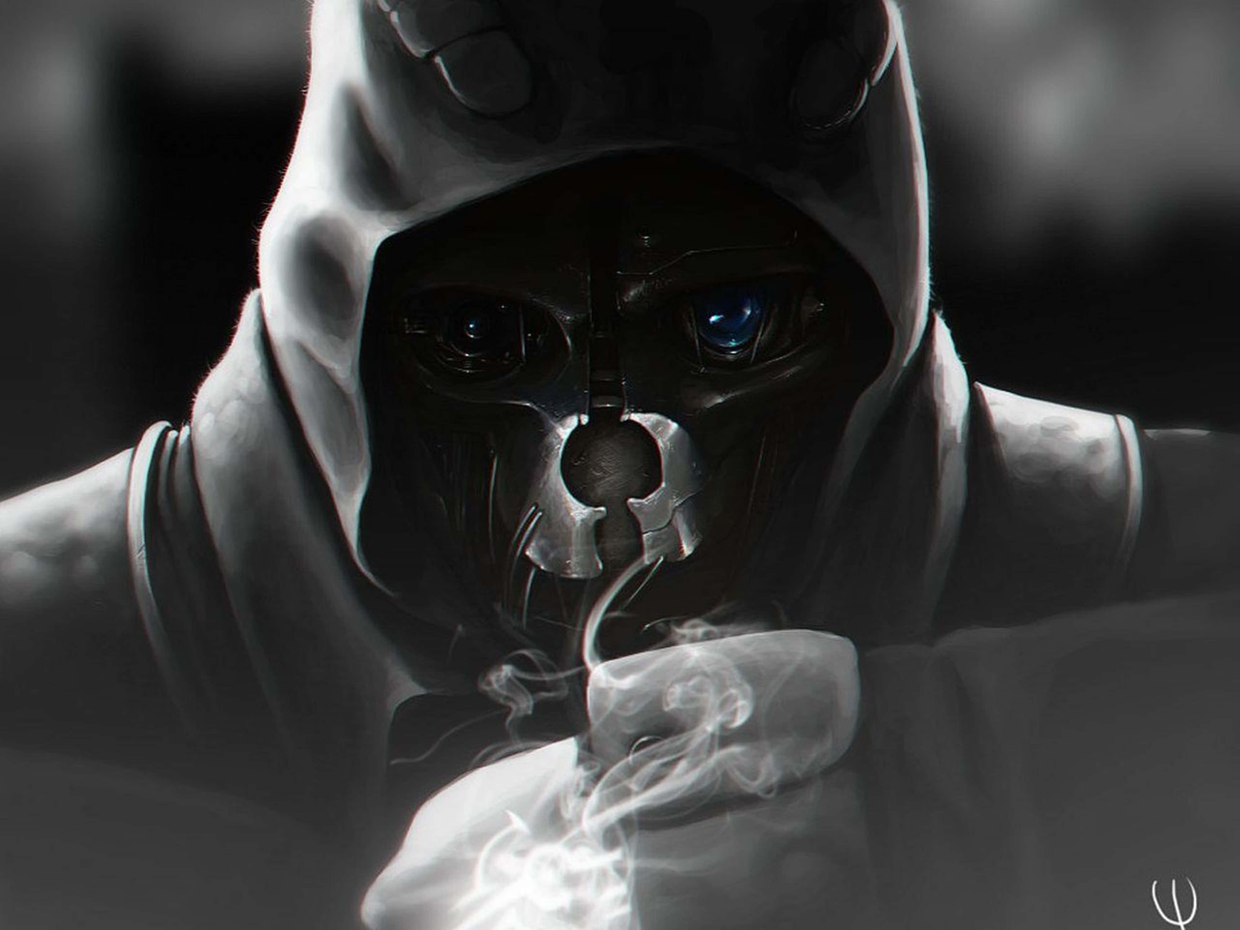 Dishonored, hooded figure, metallic mask, 4K Desktop Wallpaper
