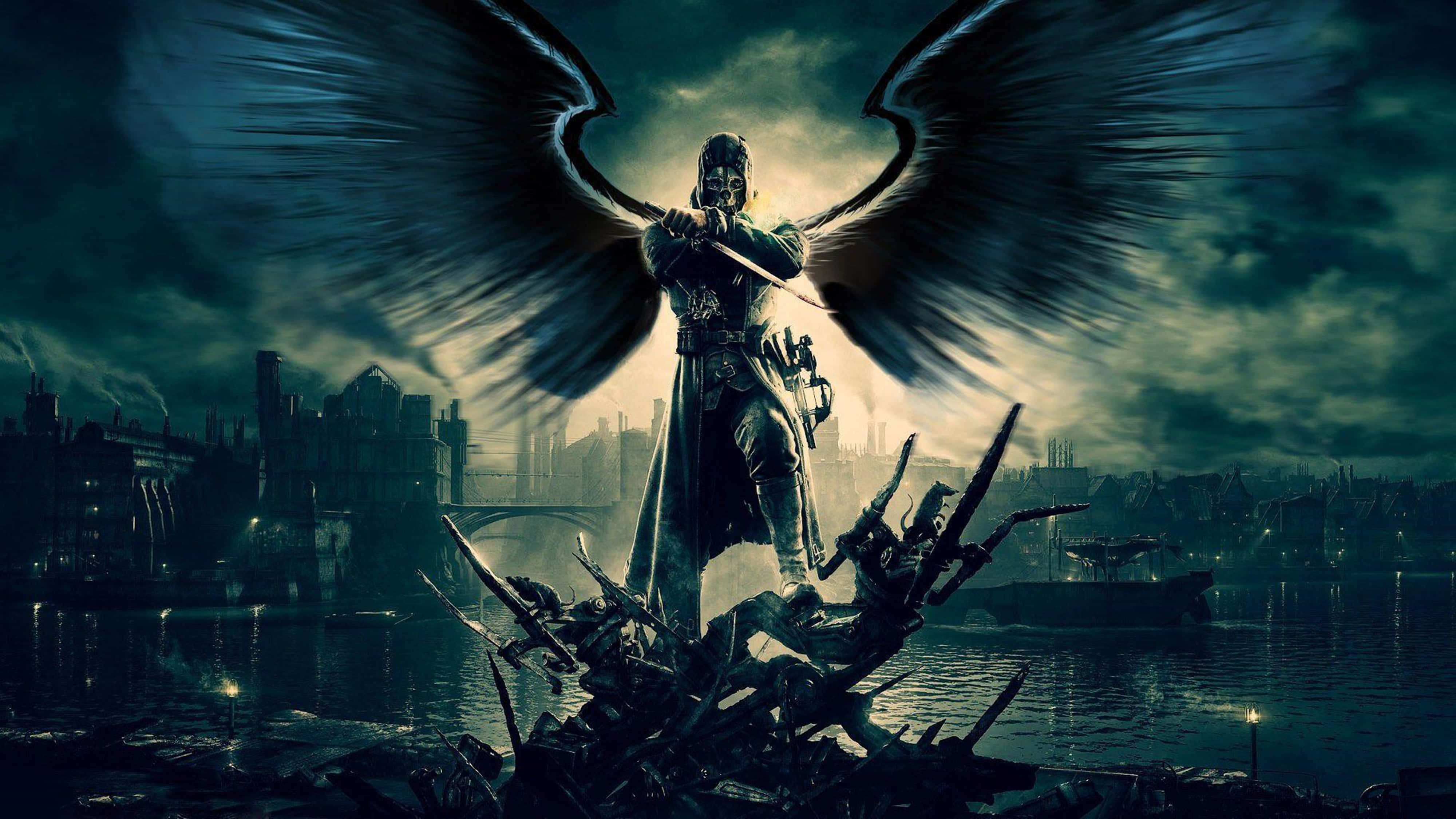 4K Dishonored, dark-winged warrior, broken swords, 4K Desktop Wallpaper