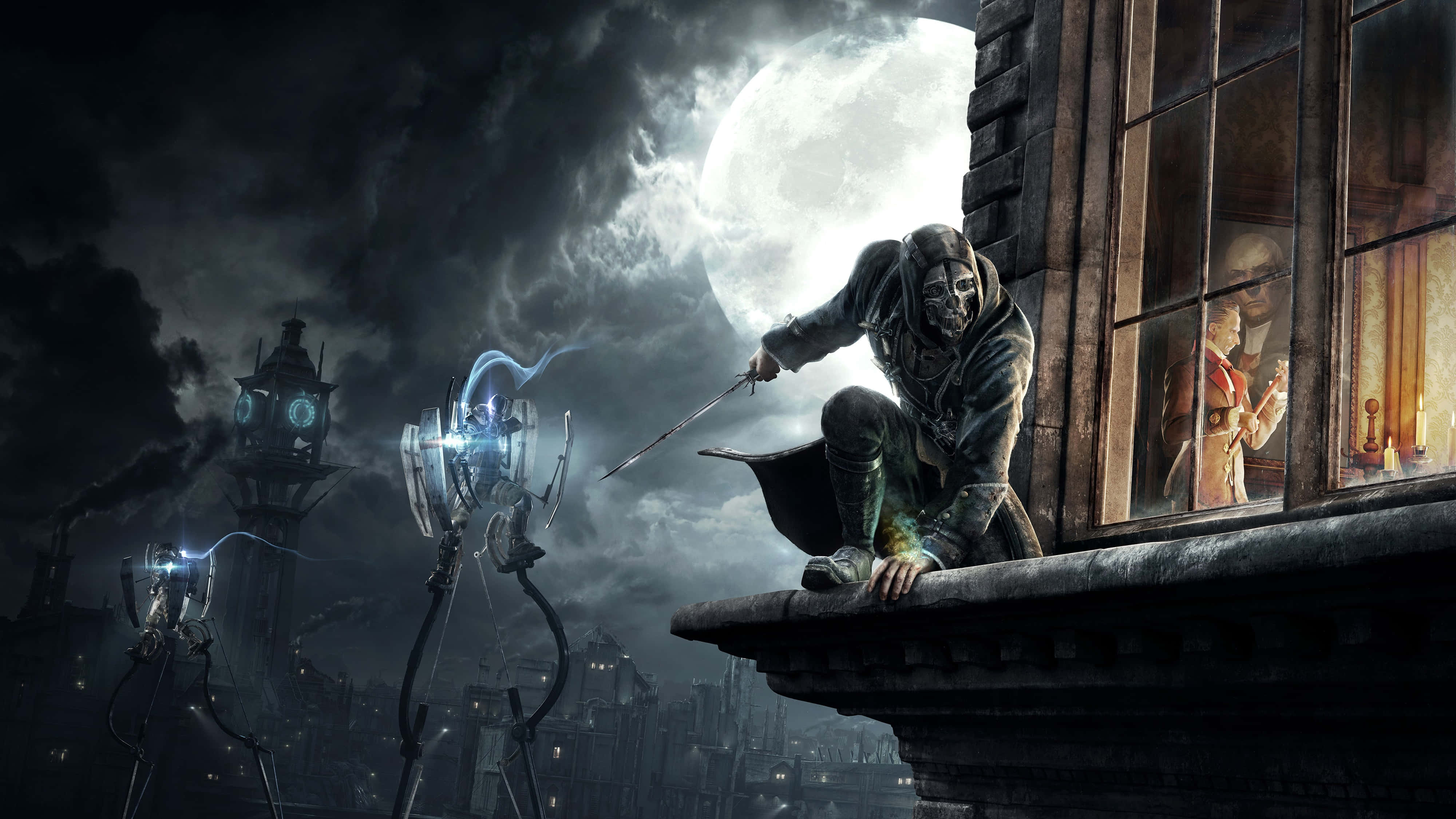 4K Dishonored, masked figure, glowing sword, 4K Desktop Wallpaper