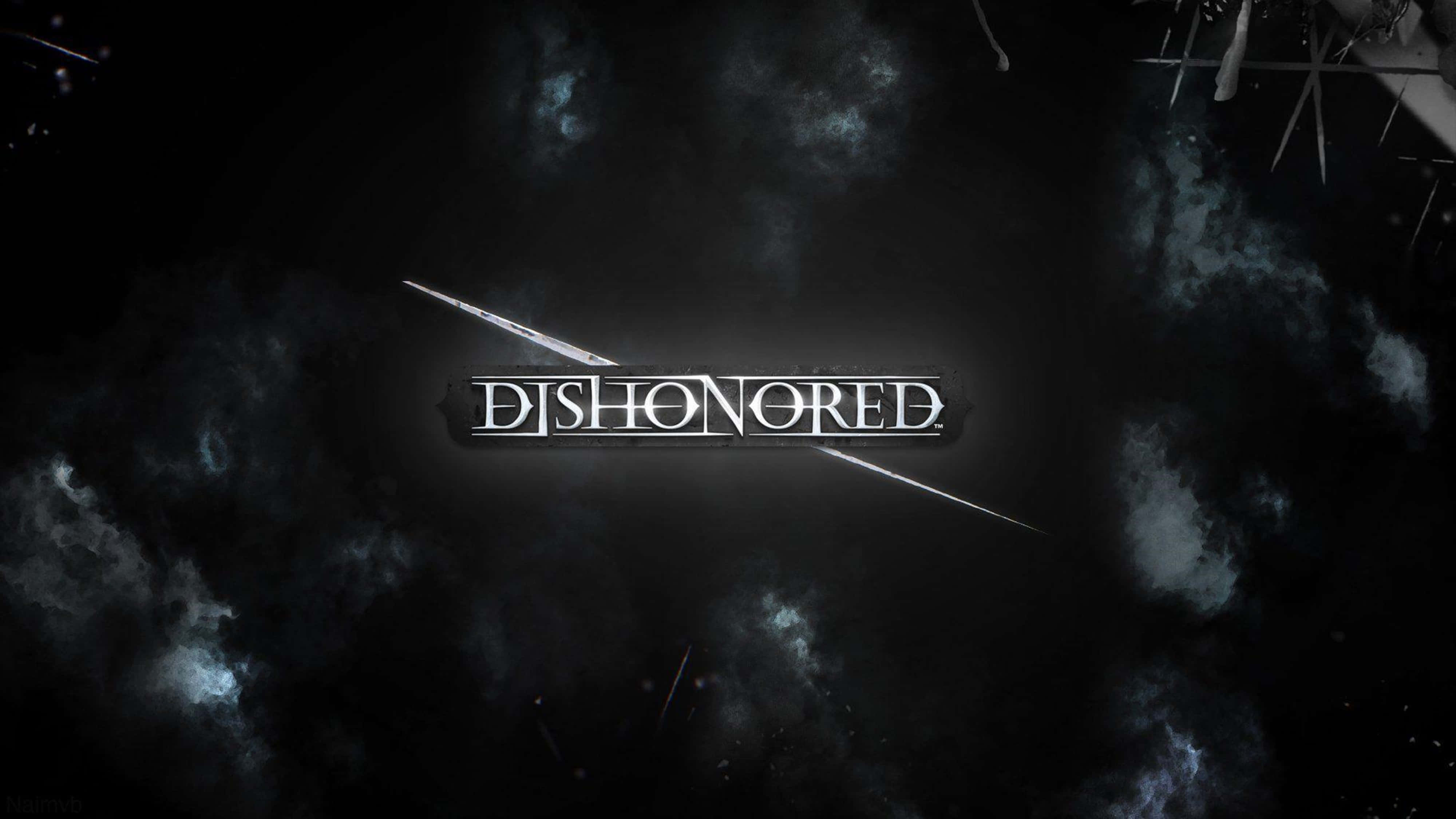DISHONORED, metallic letters, dark stormy sky, 4K Desktop Wallpaper