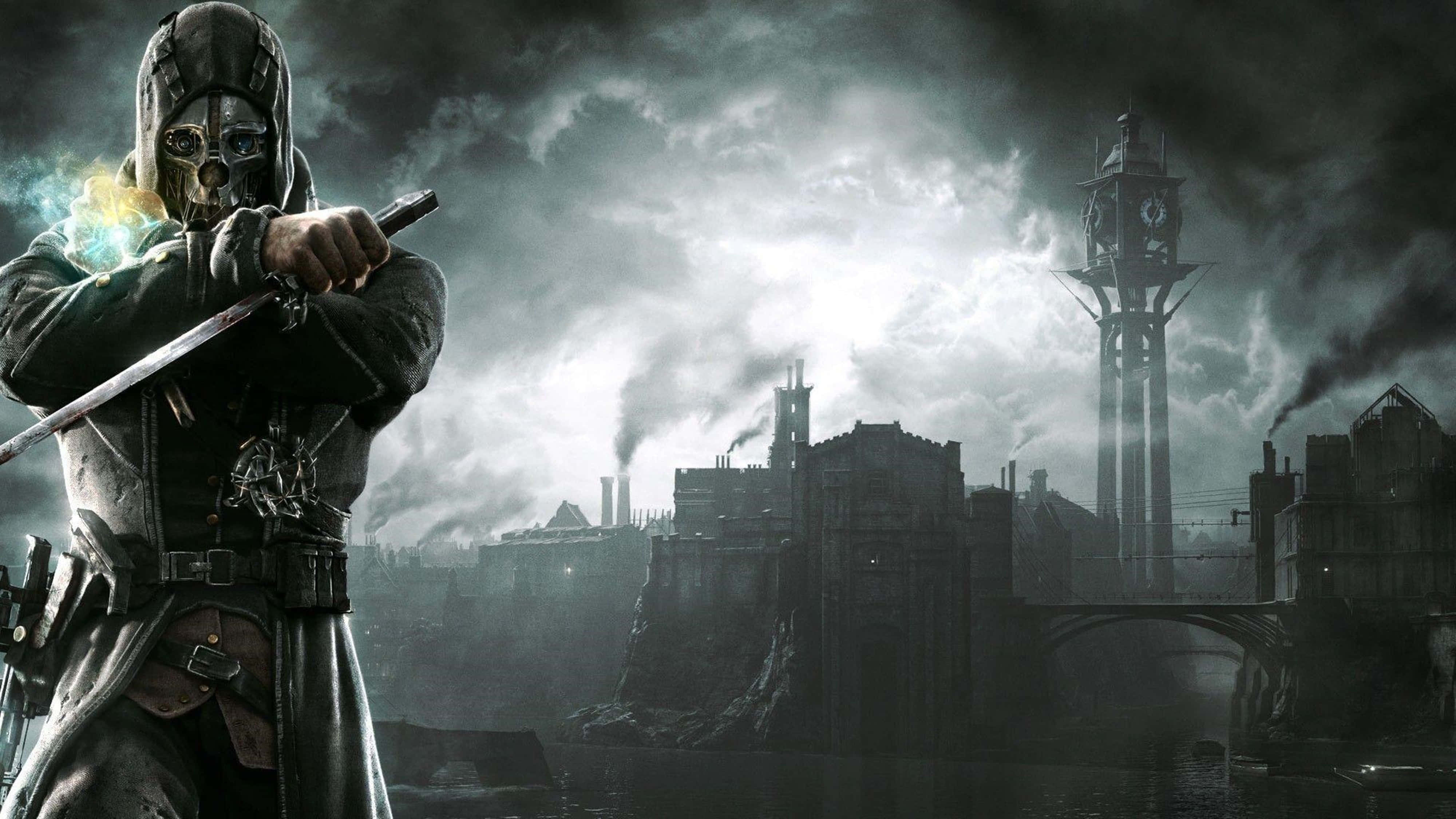 Dishonored, masked warrior, glowing eyes, 4K Desktop Wallpaper