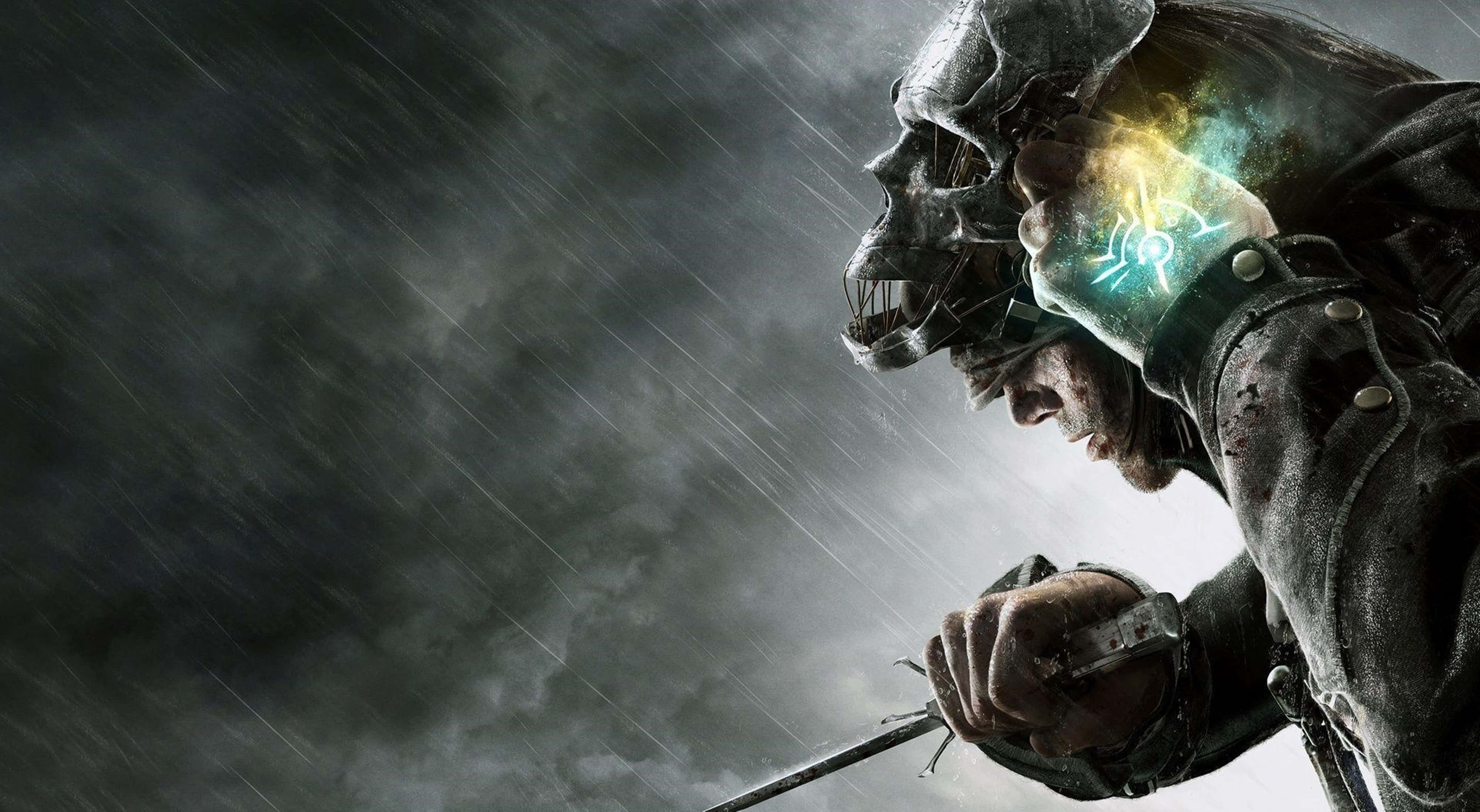 skull helmet, sword, glowing blue runes, 4K Desktop Wallpaper
