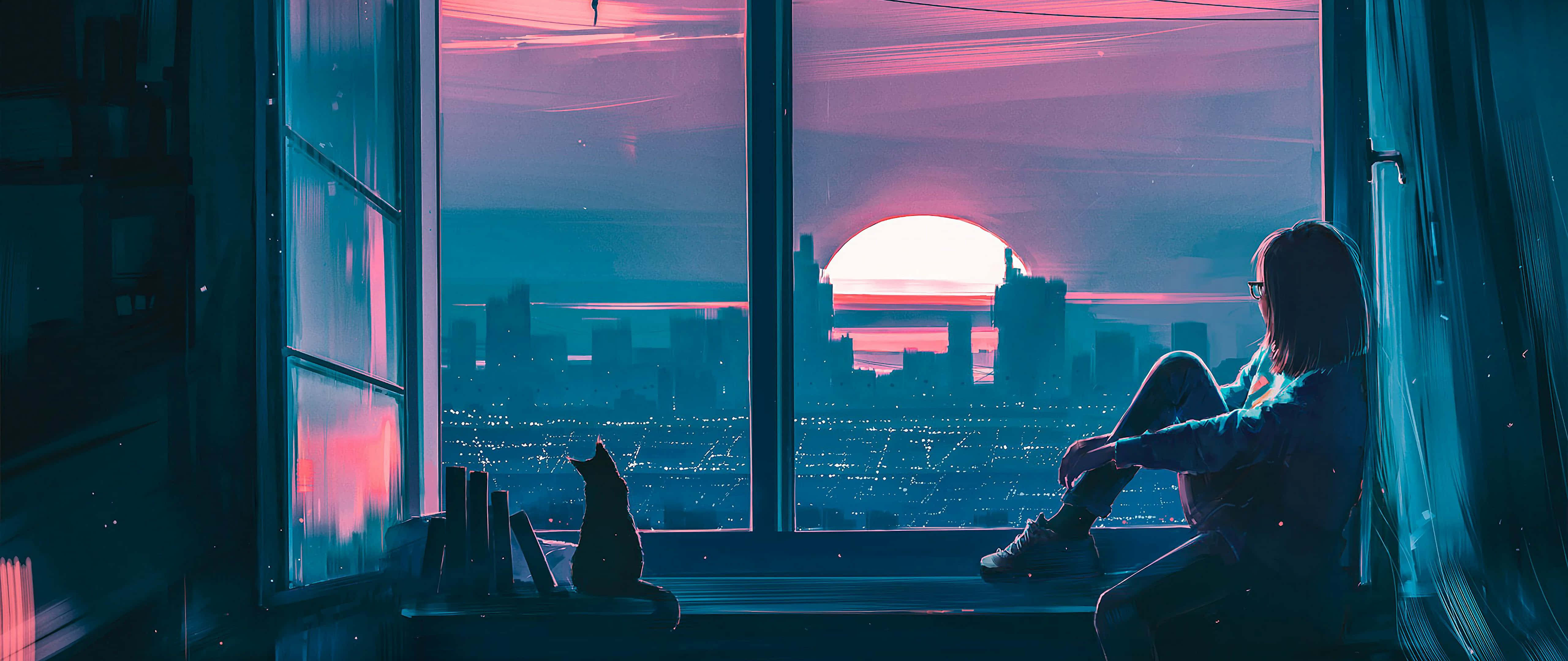 ultrawide 4K, gaming, glowing pink and blue sunset, 5K Desktop Wallpaper