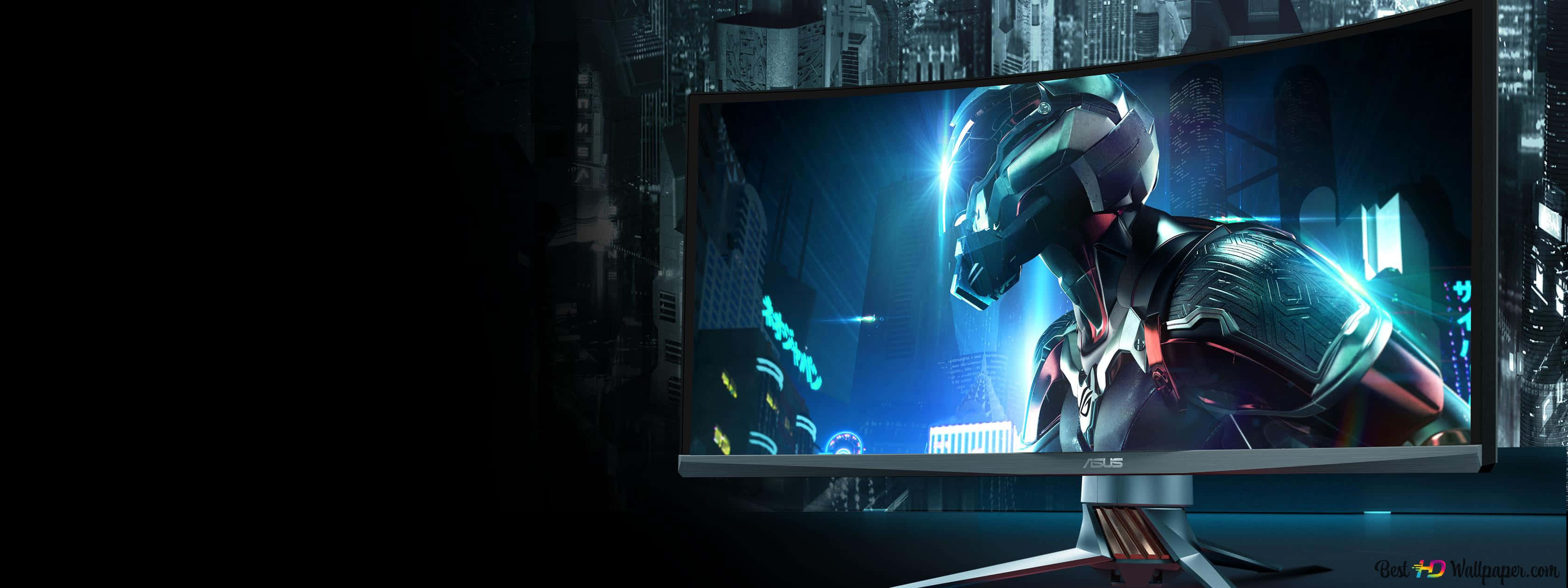 3360 x 1260, futuristic armored warrior, neon-lit cyberpunk cityscape, 2K Desktop Wallpaper