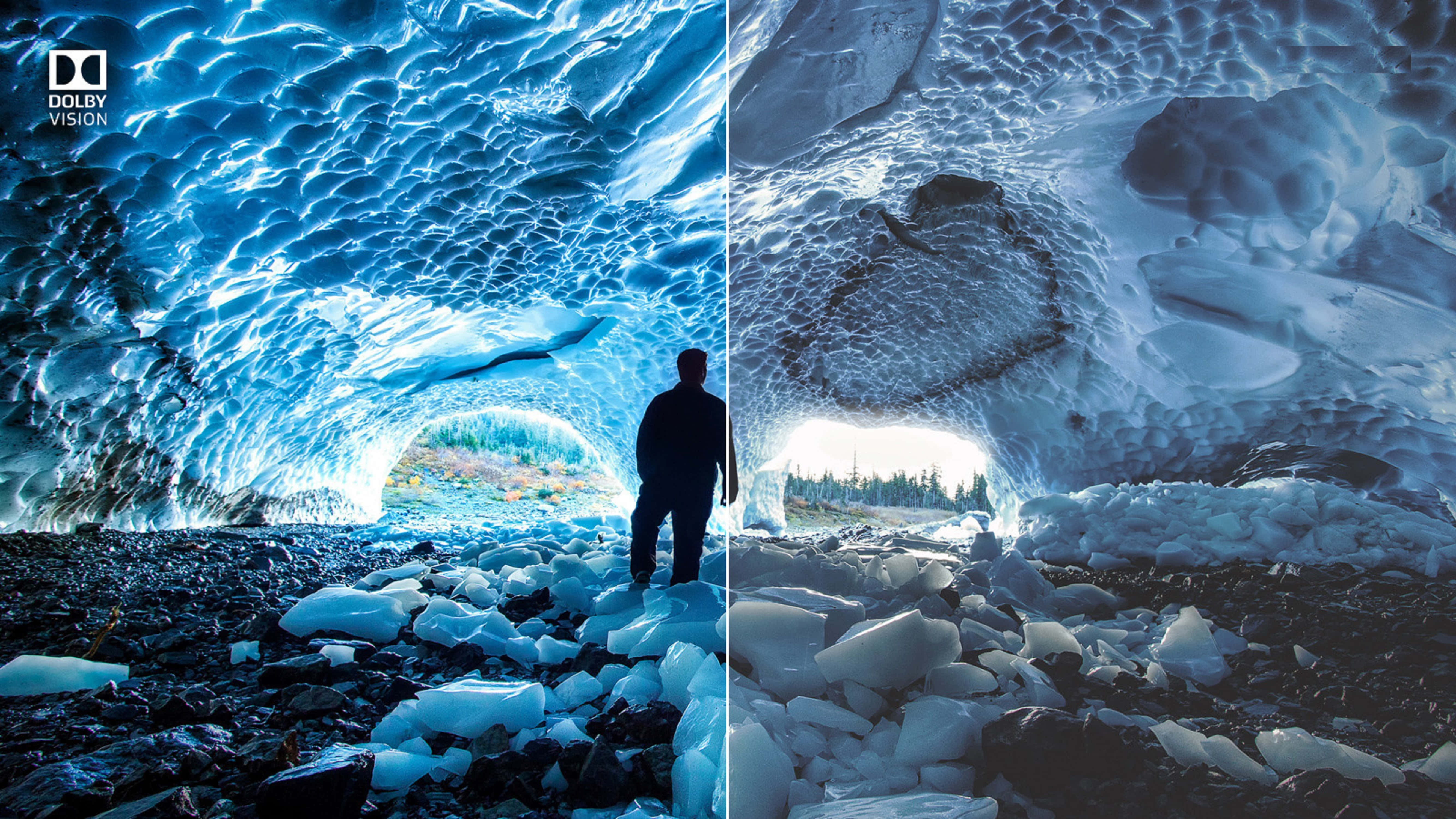 4K Dolby Vision, luminous blue ice cave, textured ceilings, 5K Desktop Wallpaper