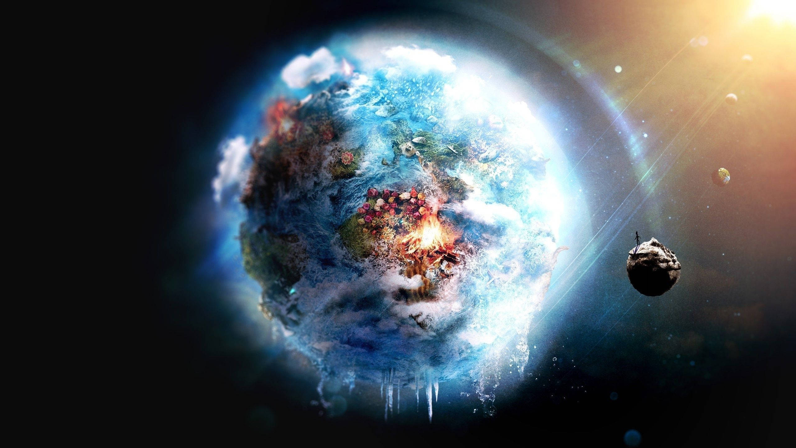 4K Earth, vibrant blue planet, glowing red and orange surface features, 2K Desktop Wallpaper