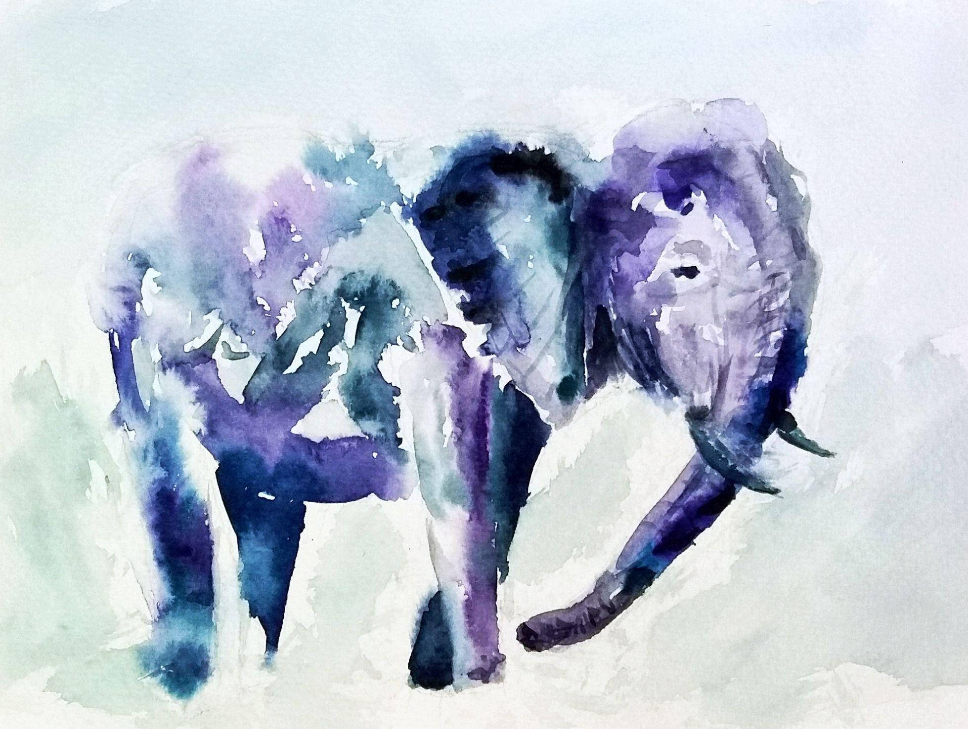4K Elephant, watercolor, purple blue, Full HD Desktop Wallpaper