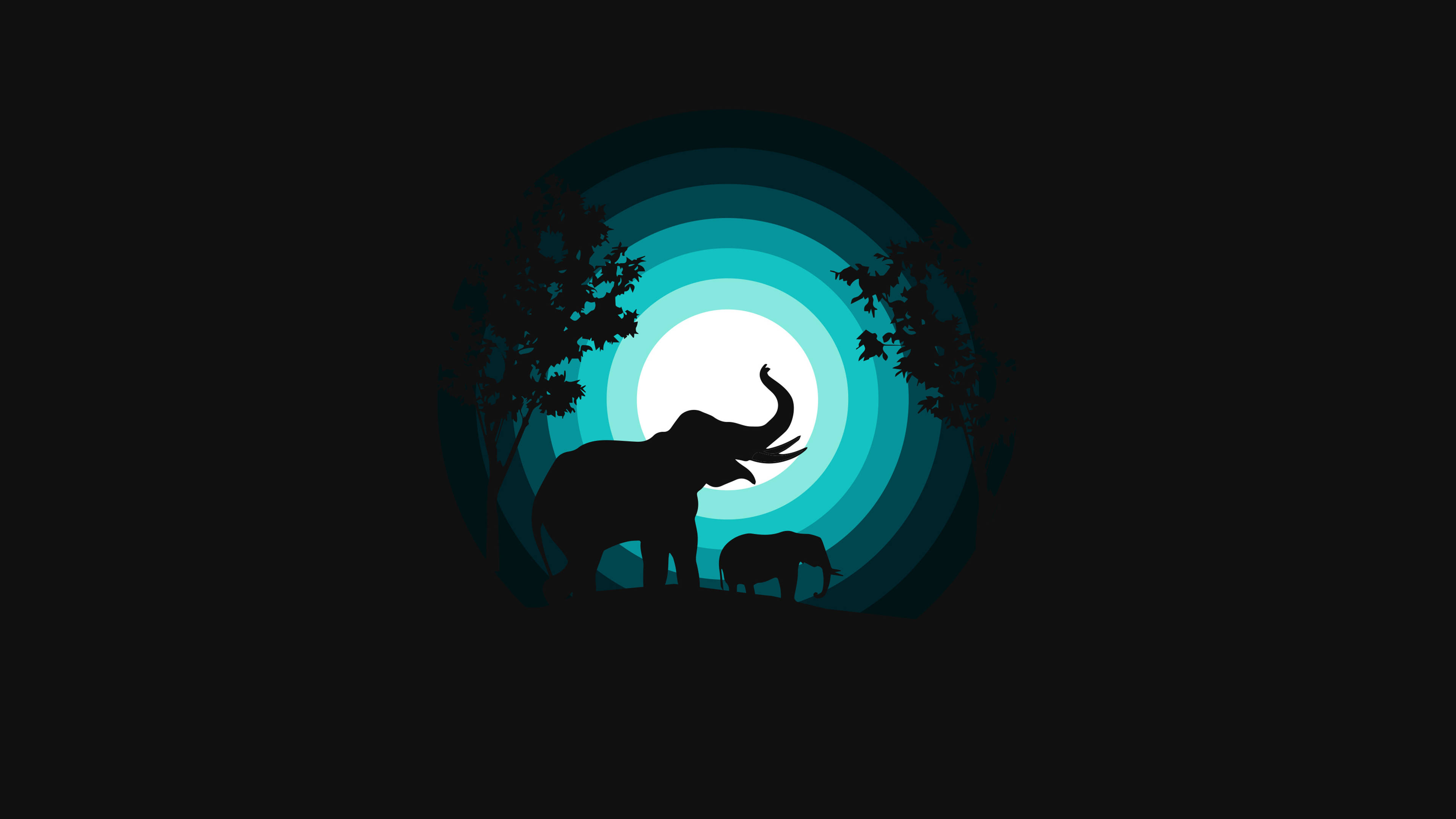 4D Ultra HD Elephant Family, teal circular sunset, silhouettes of an adult and baby elephant, 4K Desktop Wallpaper