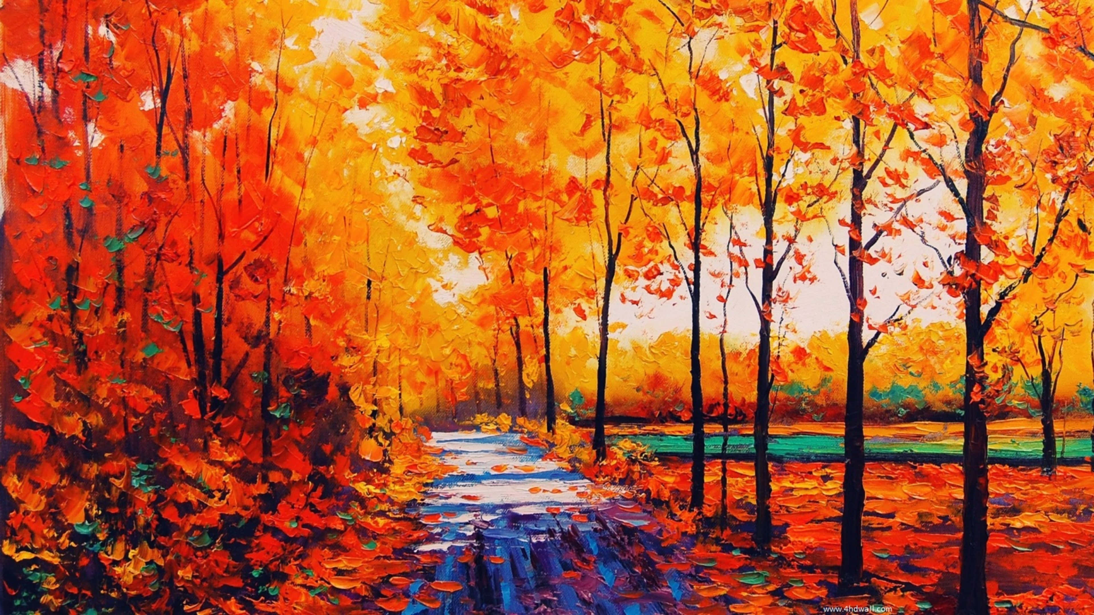 autumn forest, fiery orange leaves, winding blue path, 4K Desktop Wallpaper