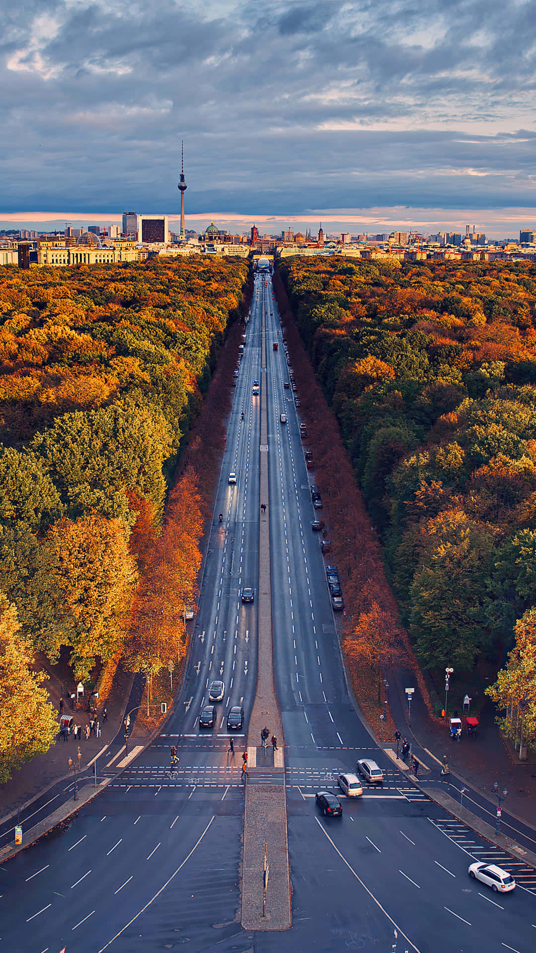 autumn trees, city skyline, cloudy sky, Full HD Phone Wallpaper