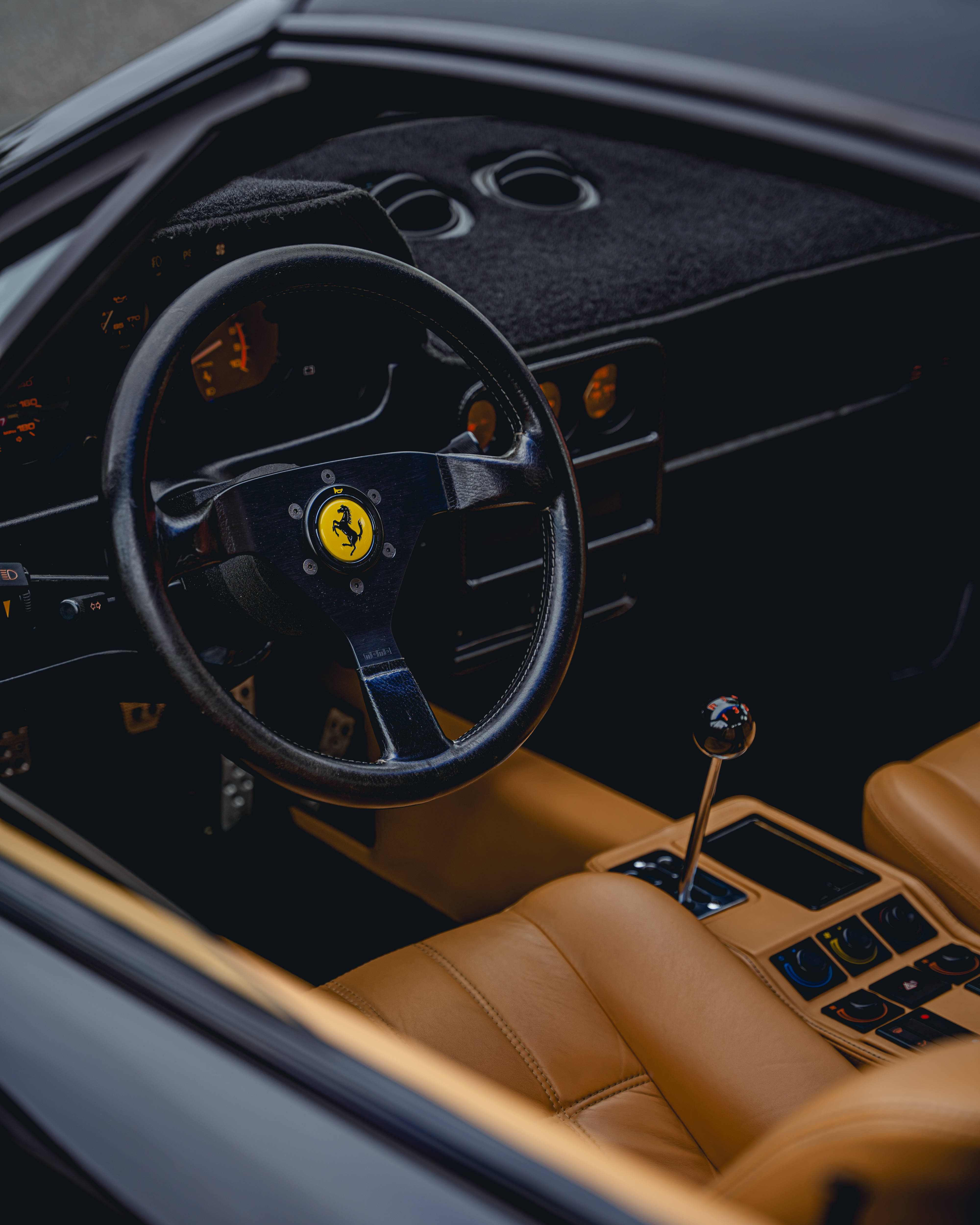 4K Ferrari, tan leather interior, black dashboard, 4K Phone Wallpaper