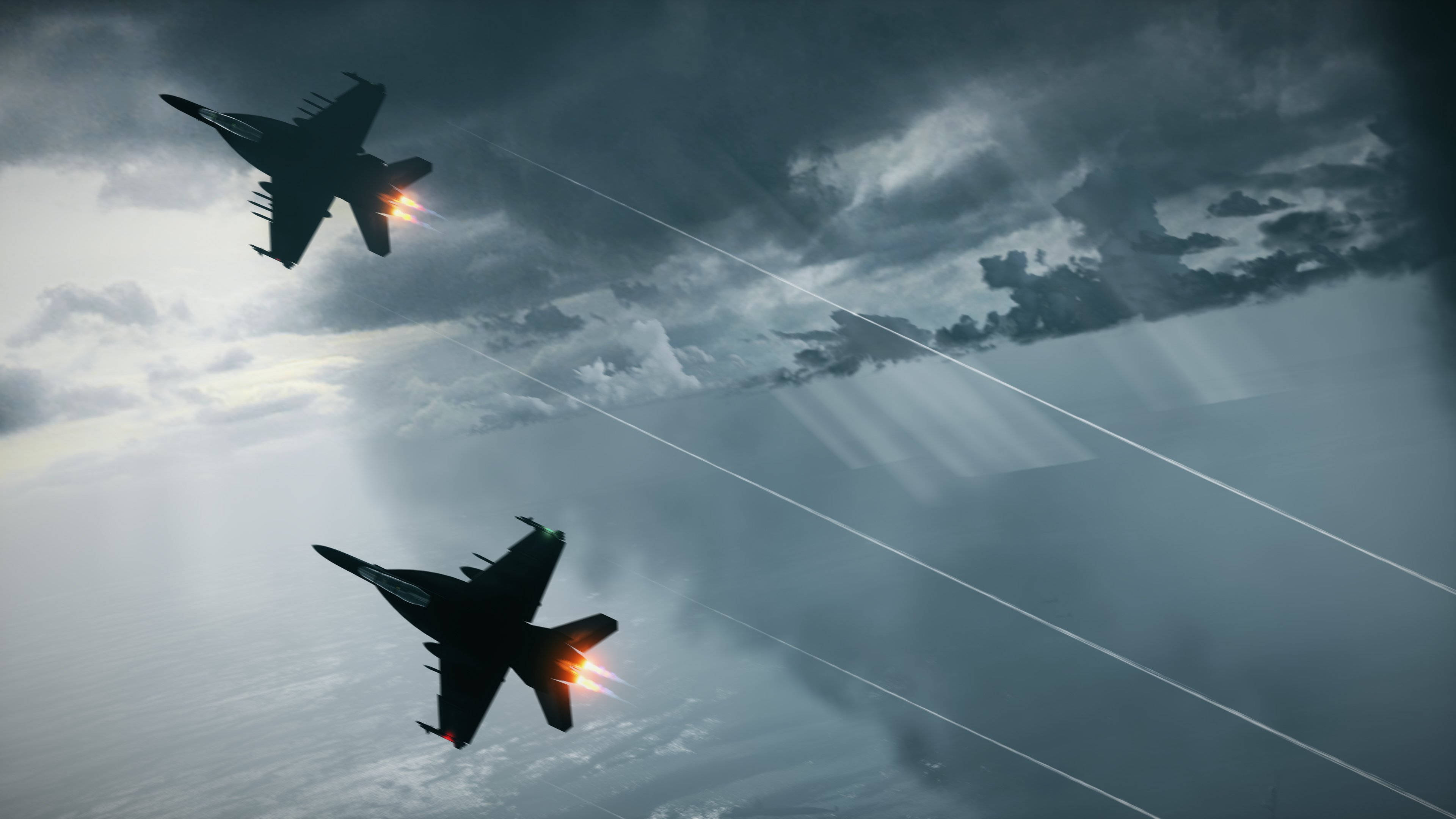 fighter jets, stormy skies, contrails, 4K Desktop Wallpaper