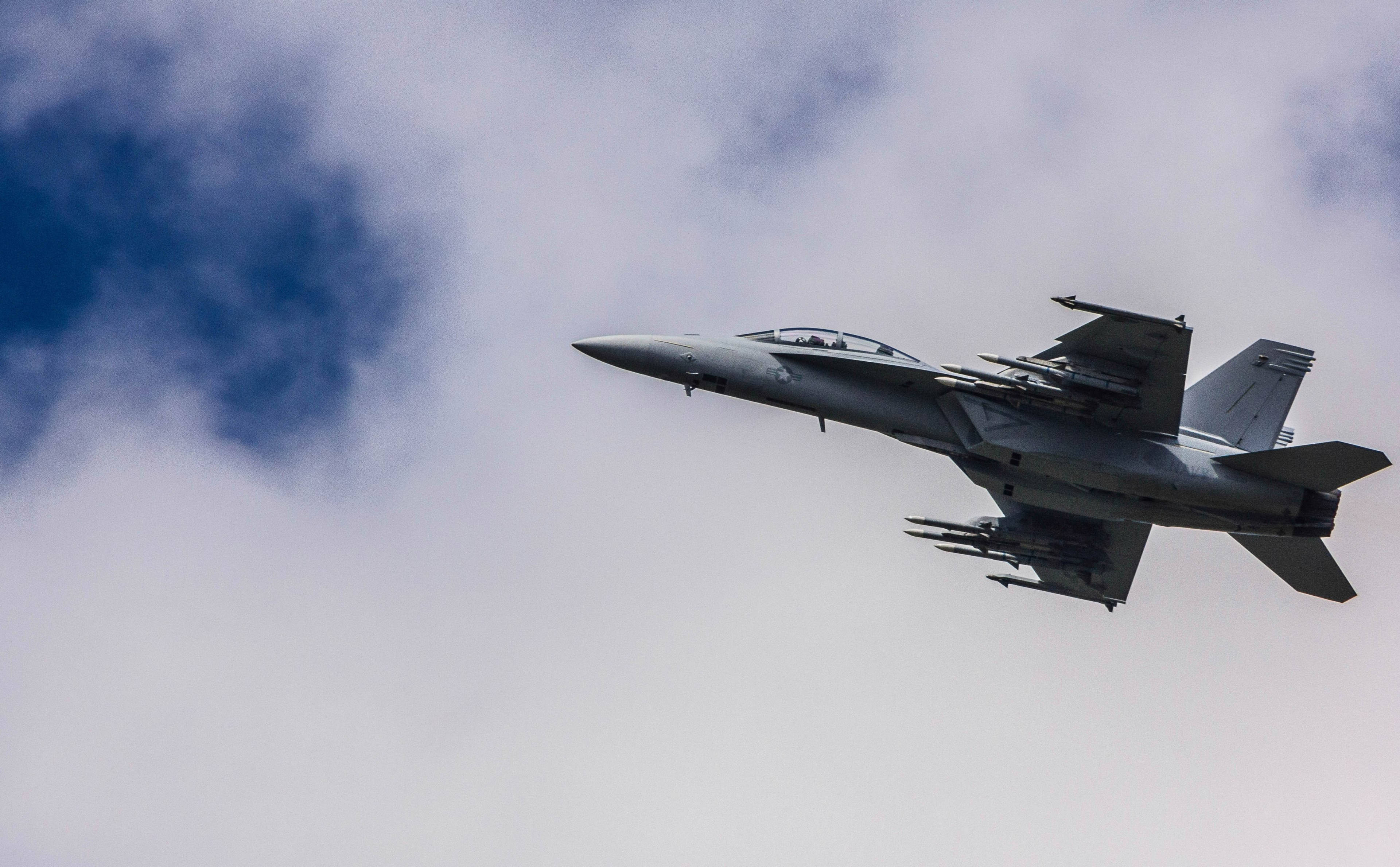 gray fighter jet, cloudy sky, patches of blue, 4K Desktop Wallpaper