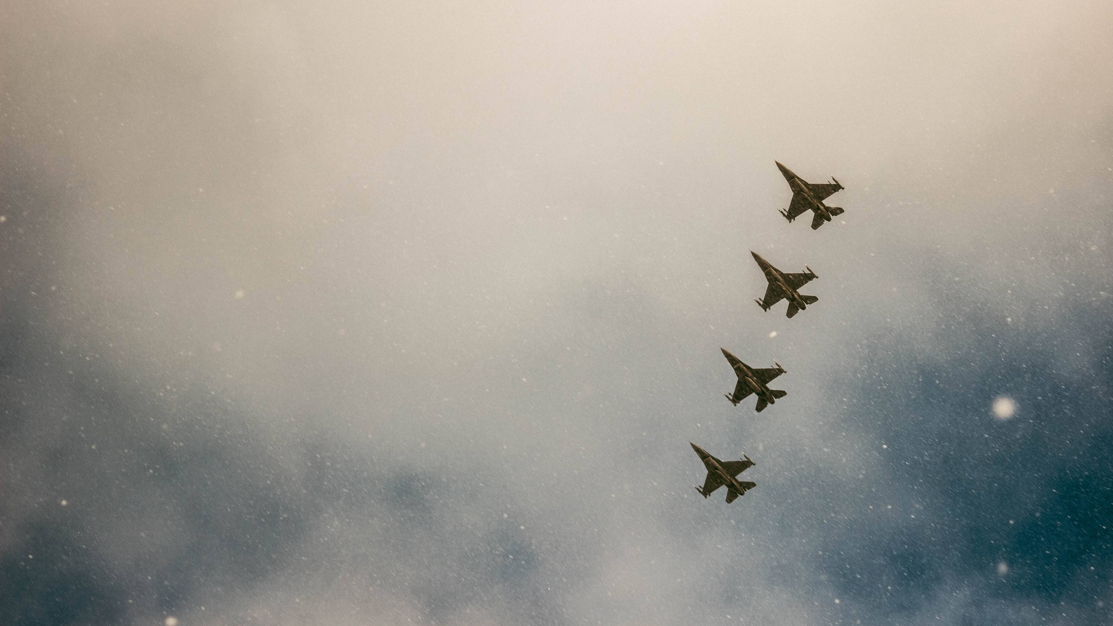 fighter jets, cloudy sky, soft golden and blue tones, 4K Desktop Wallpaper
