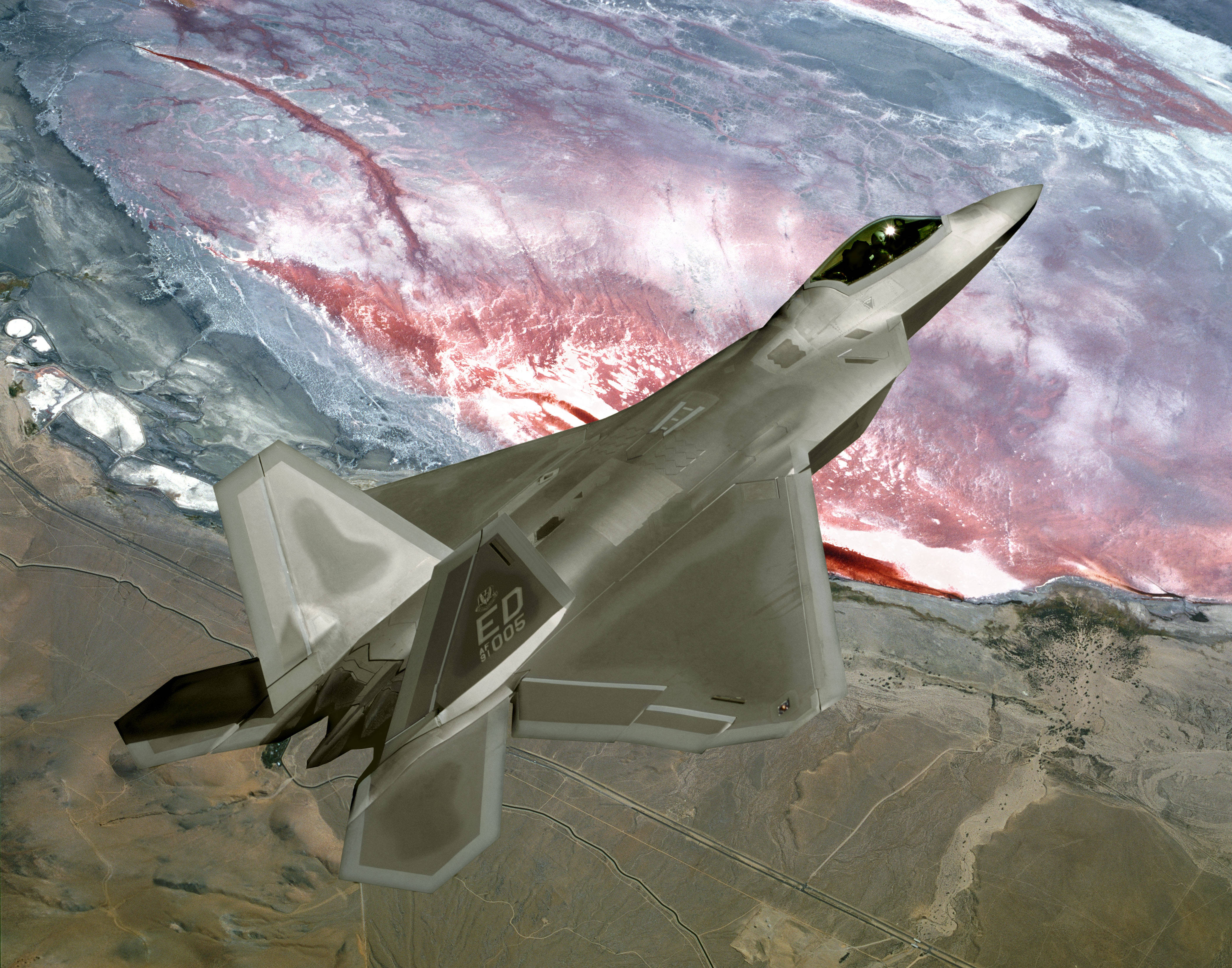 4K fighter plane, sleek gray fighter jet, desert landscape, 4K Desktop Wallpaper