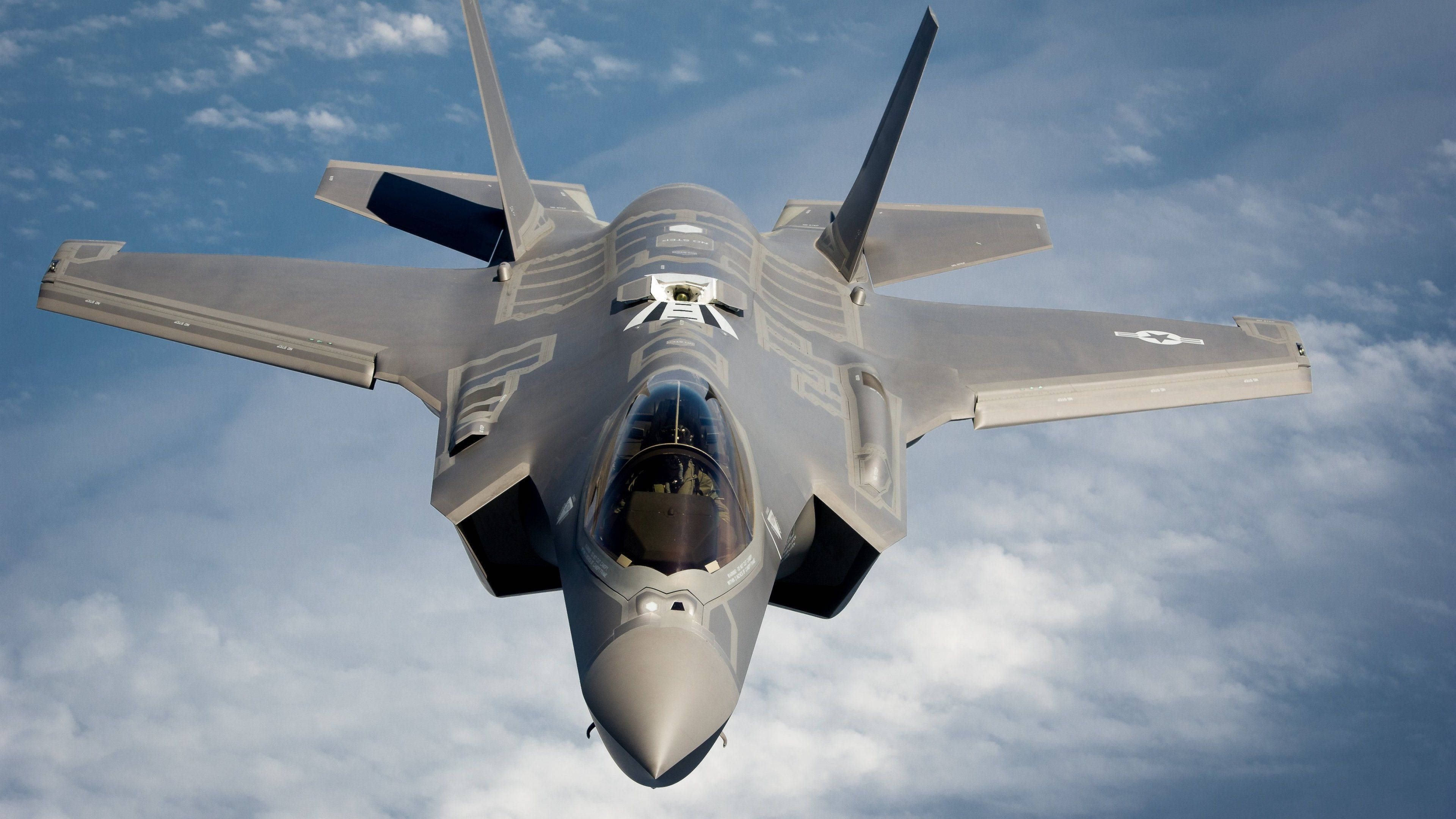 4K Fighter plane, sleek gray fighter jet, bright blue sky, 4K Desktop Wallpaper