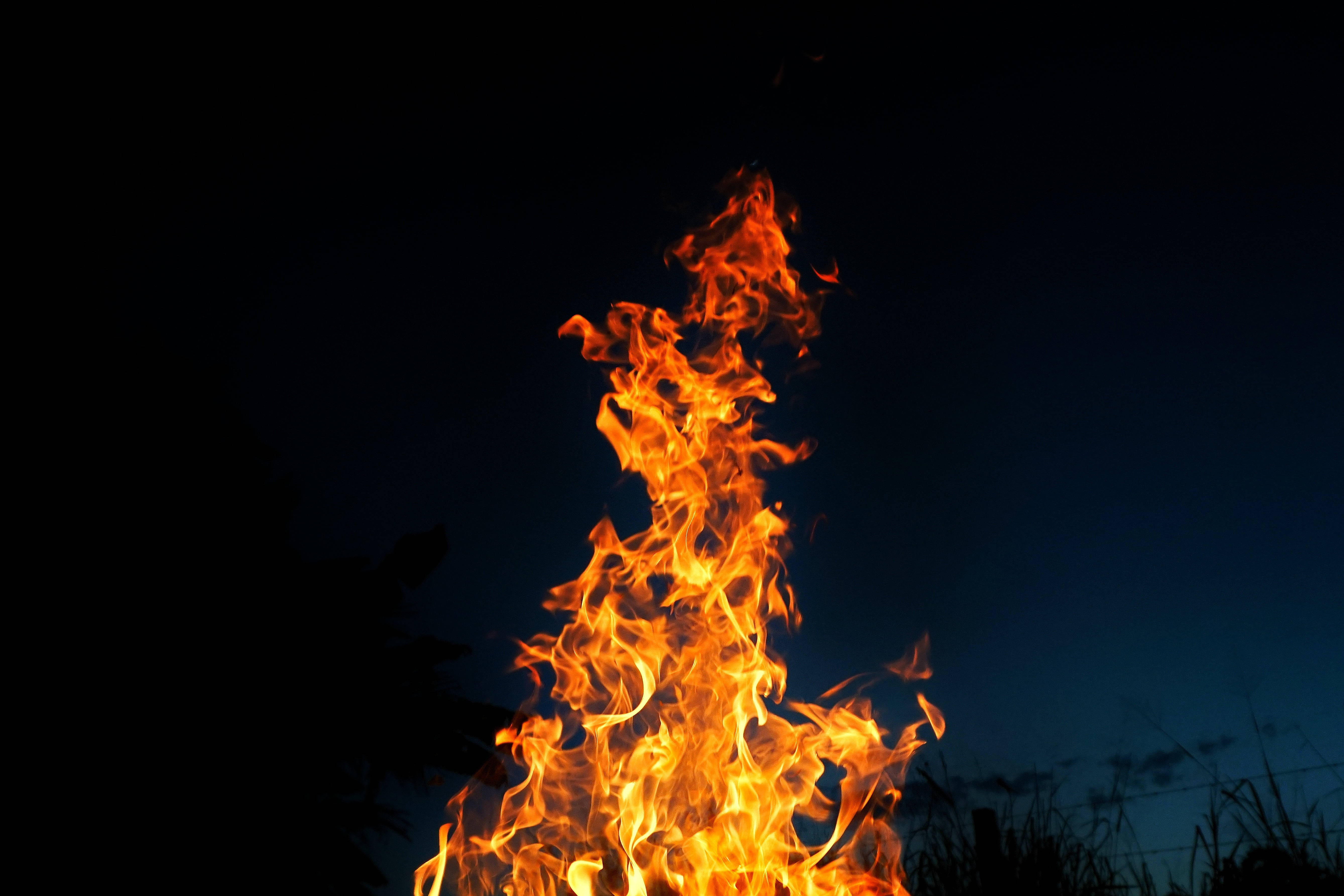 Evening 4K Fire, orange and yellow flames, deep twilight sky, 5K Desktop Wallpaper