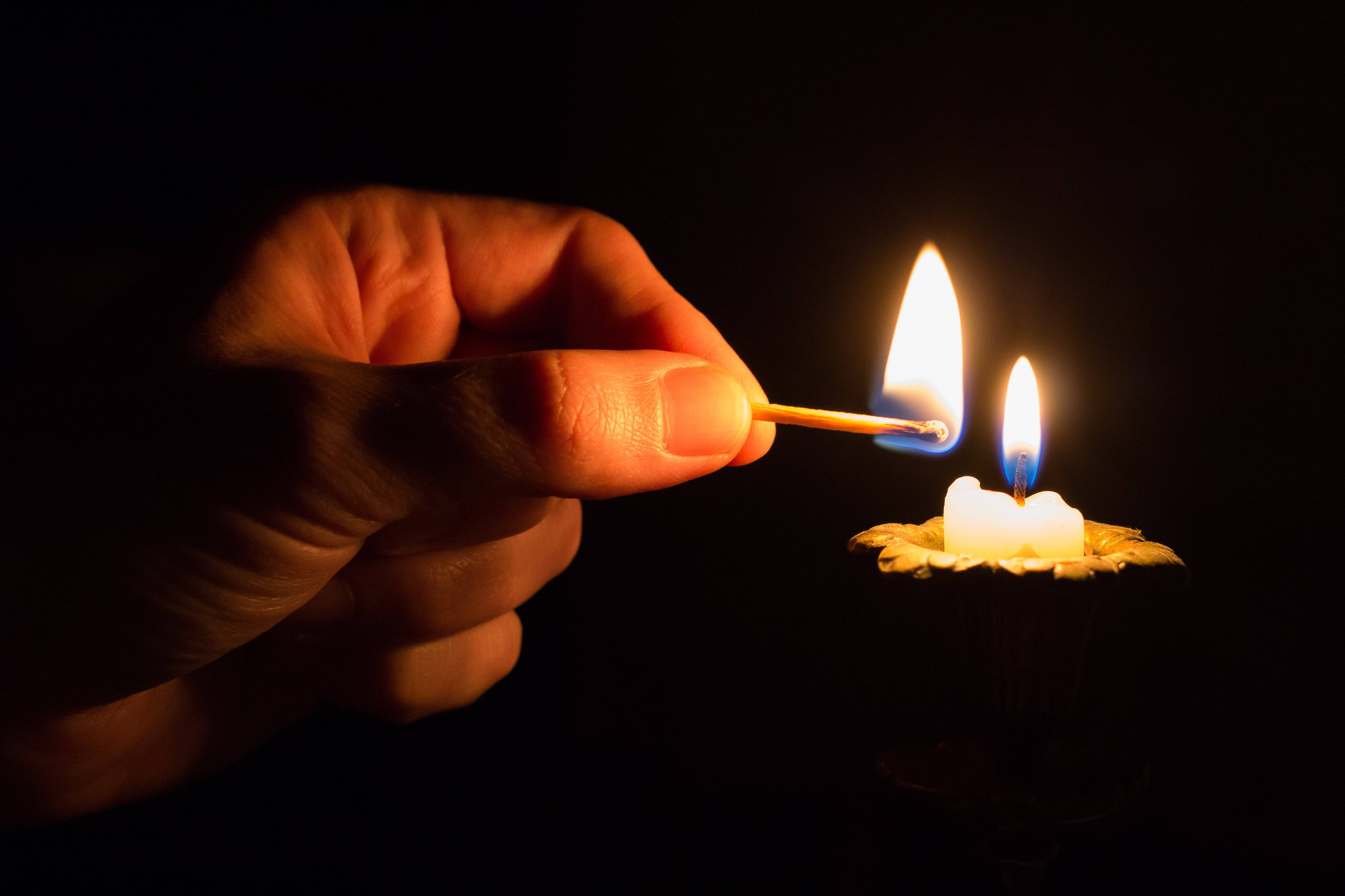 candle, match, warm golden light, 5K Desktop Wallpaper