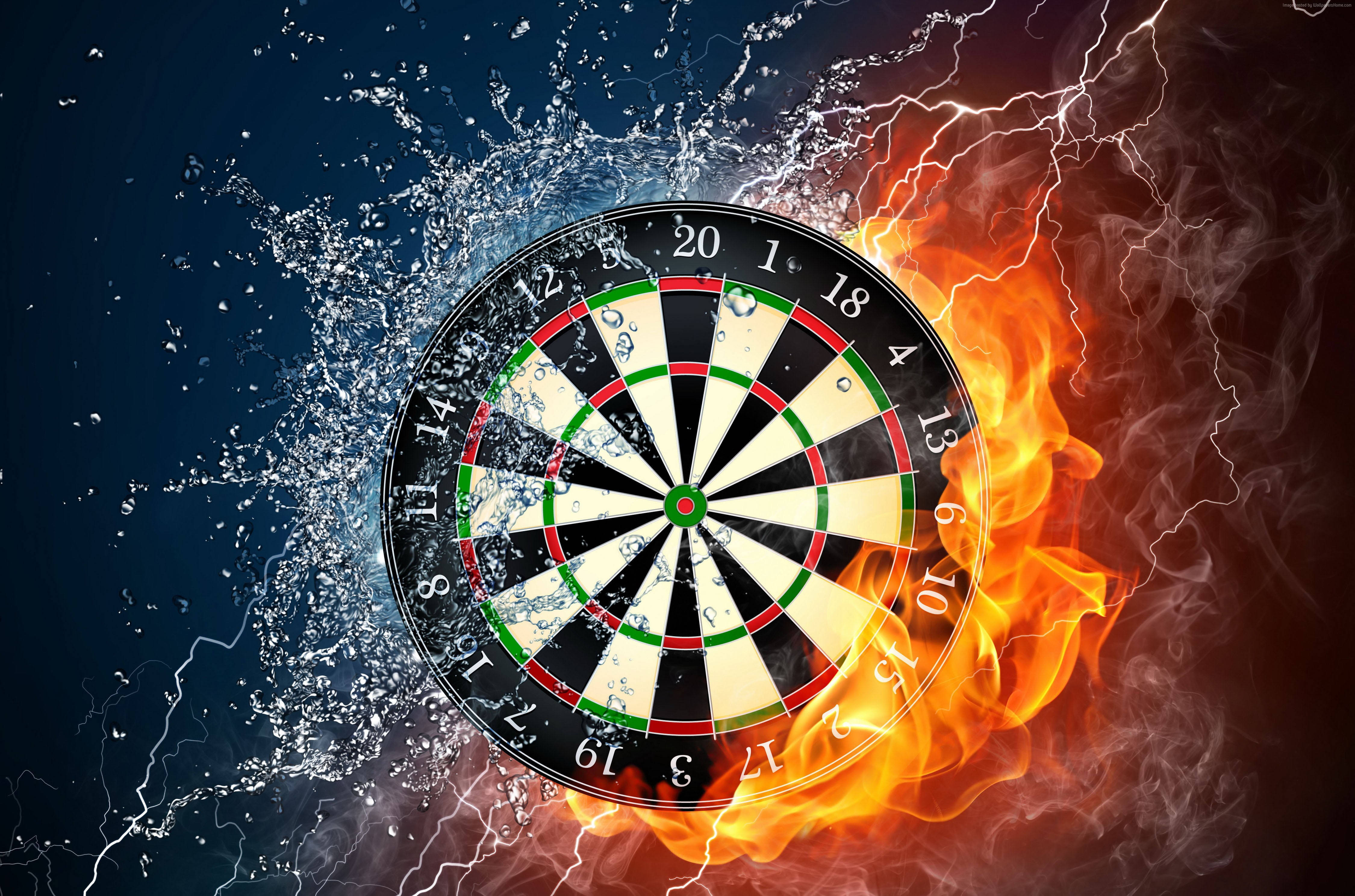 4K Fire Dartboard, roaring flames, crashing water, 4K Desktop Wallpaper