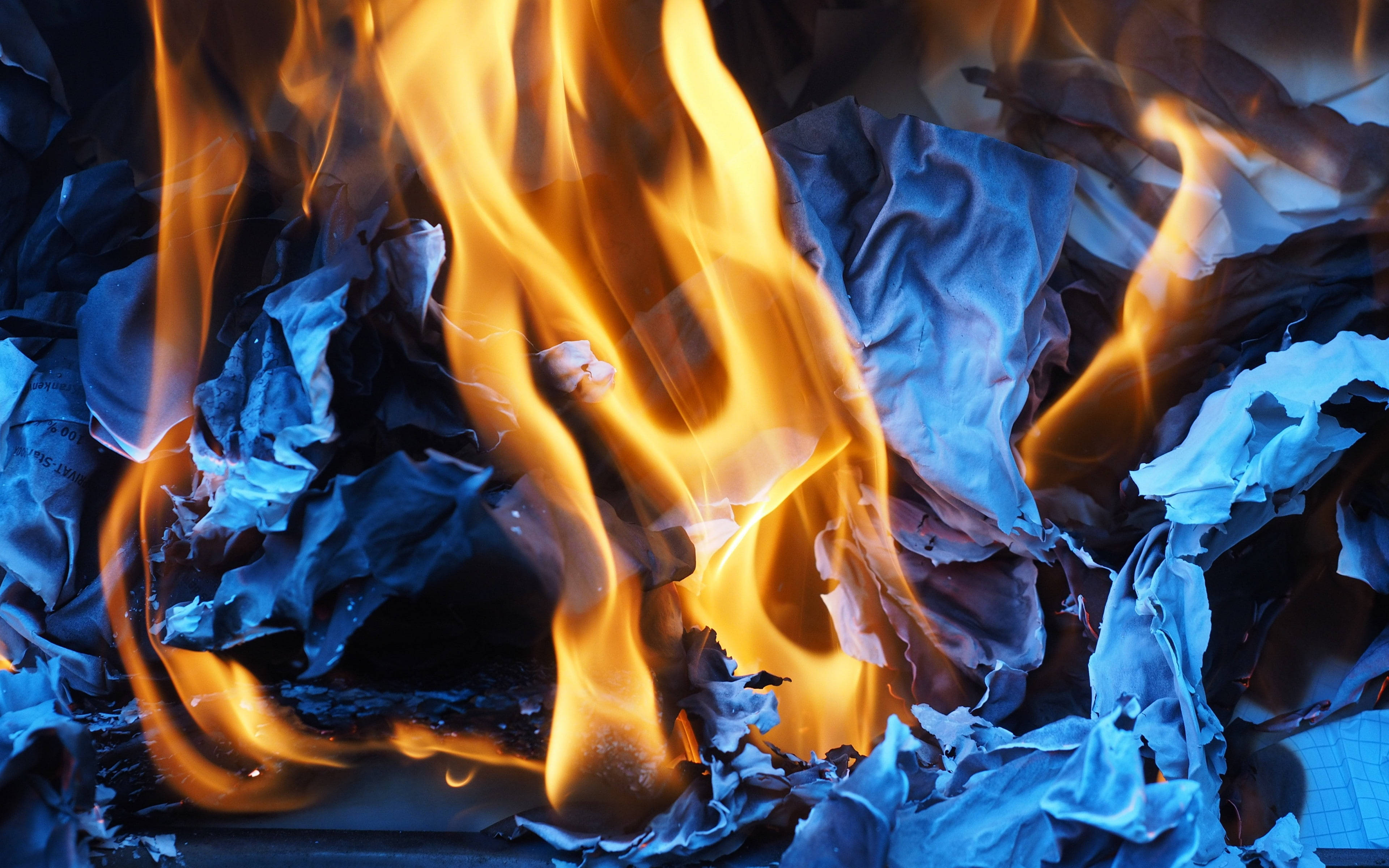 4K Fire, orange flames, crumpled blue paper, 4K Desktop Wallpaper
