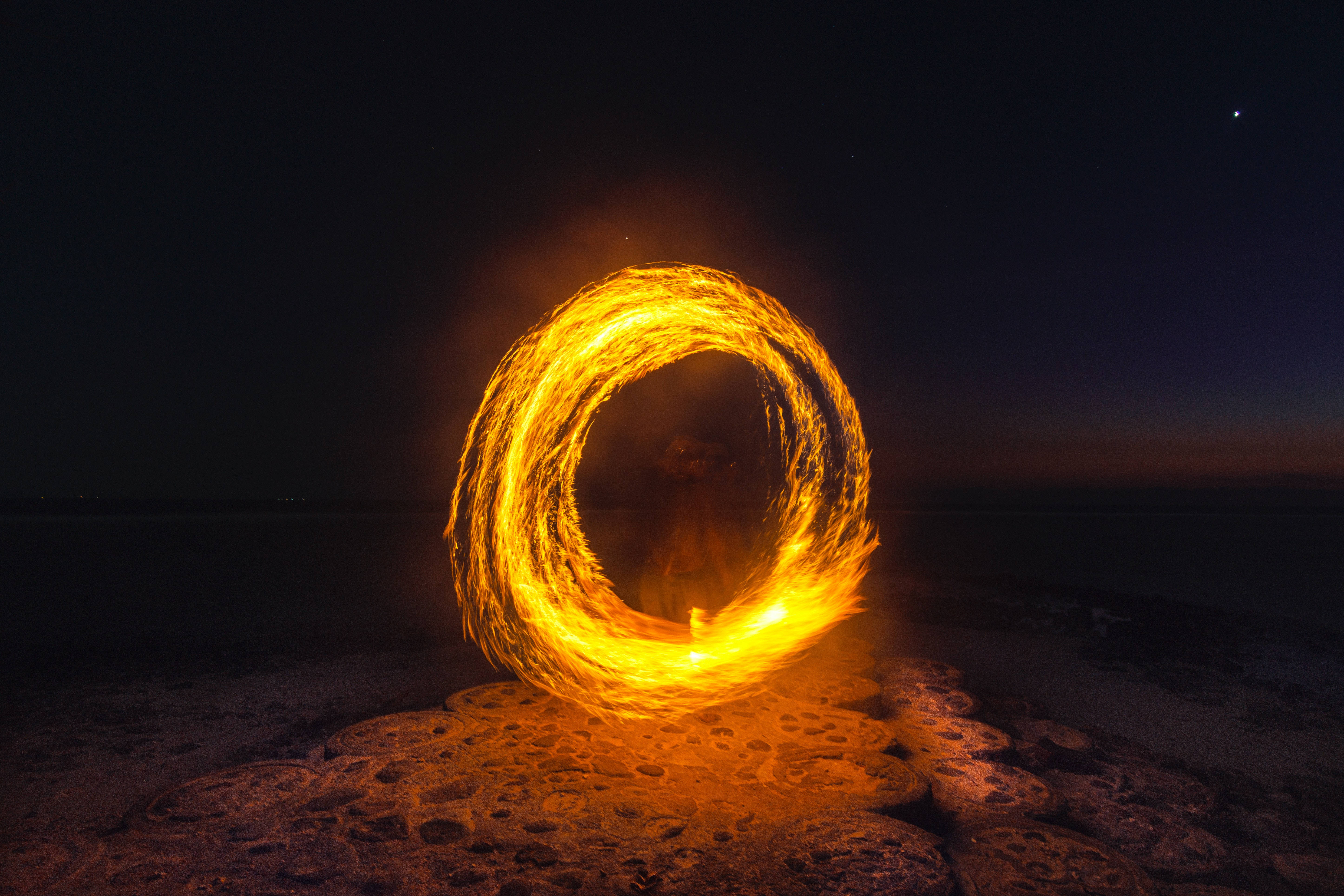 Ring Of 4K Fire, fiery ring, rocky beach, 5K Desktop Wallpaper