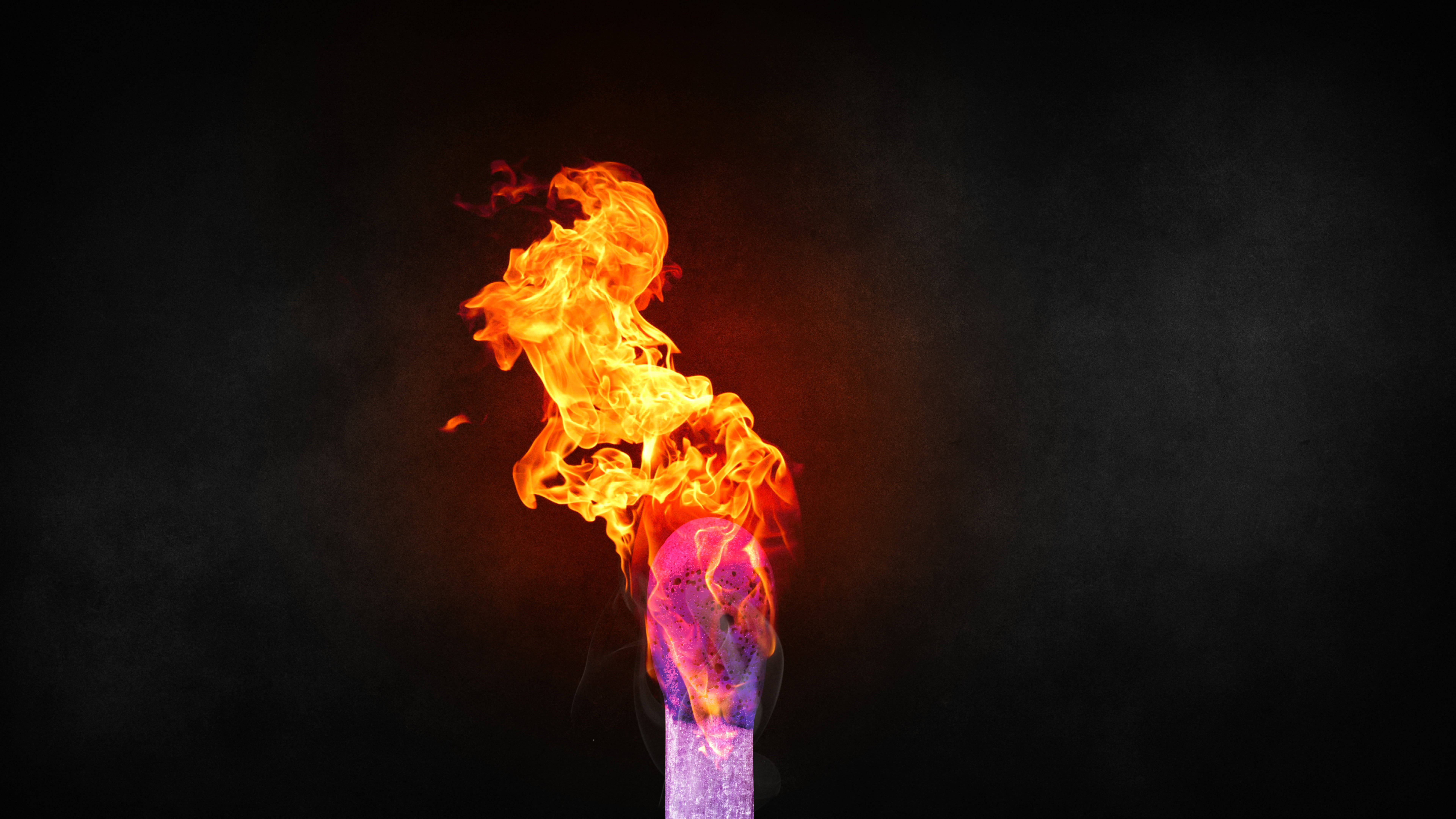 4K UHD Fire Torch, matchstick, orange yellow flames, 8K Desktop Wallpaper