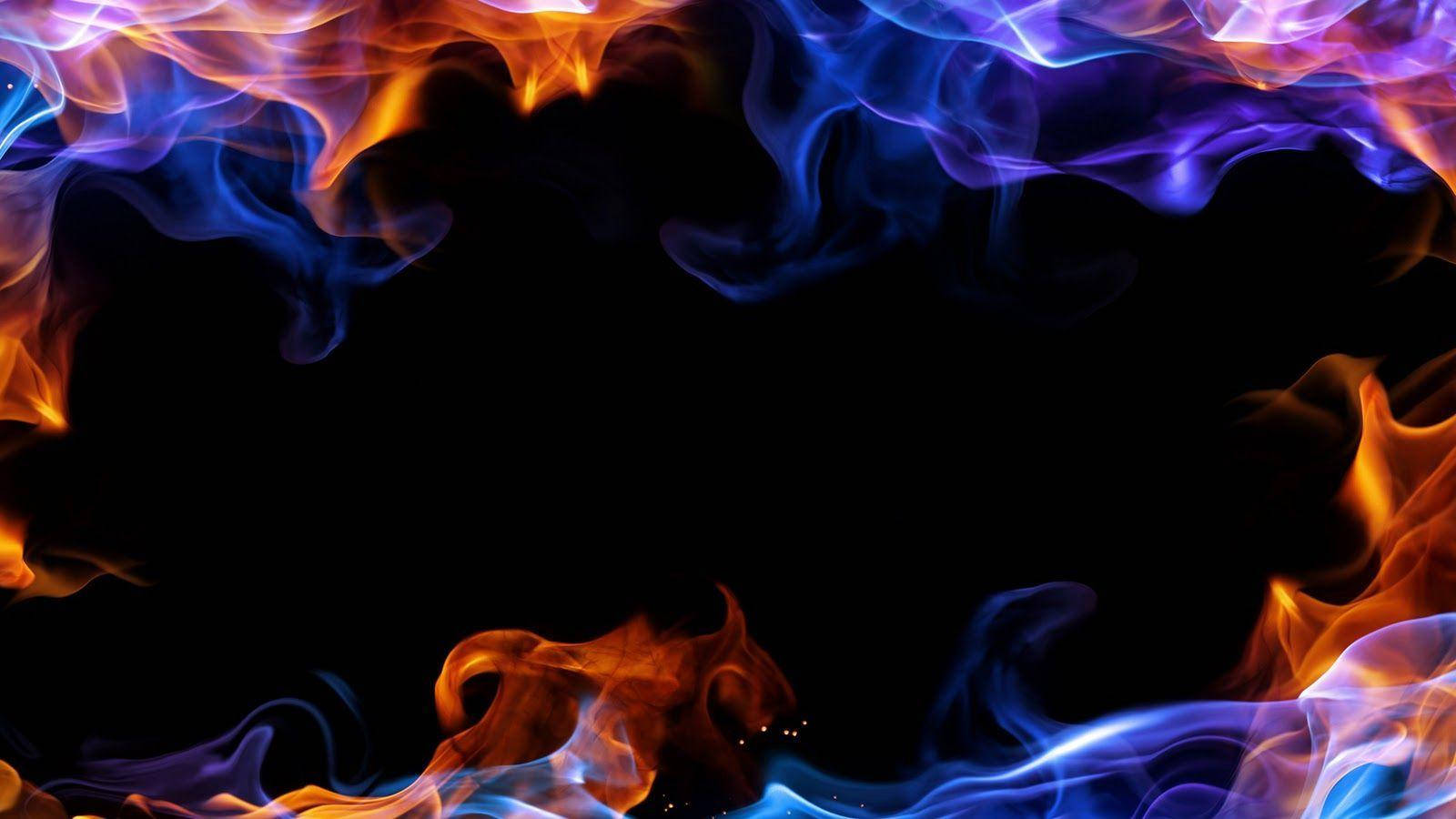 blue red border, vivid blue and orange flames, black void, HD Desktop Wallpaper