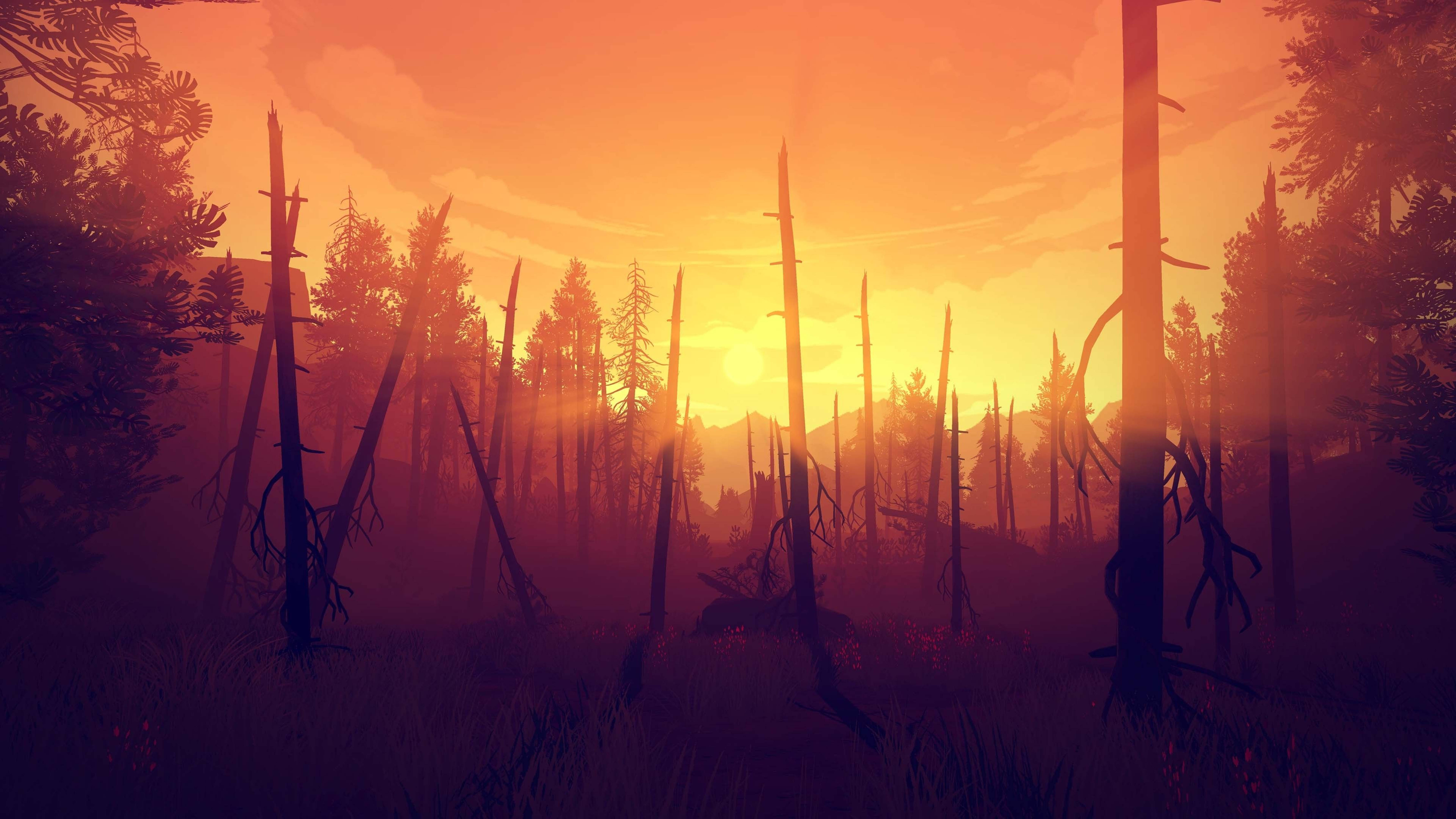 4K Firewatch, leafless sun trees, sunset, 5K Desktop Wallpaper