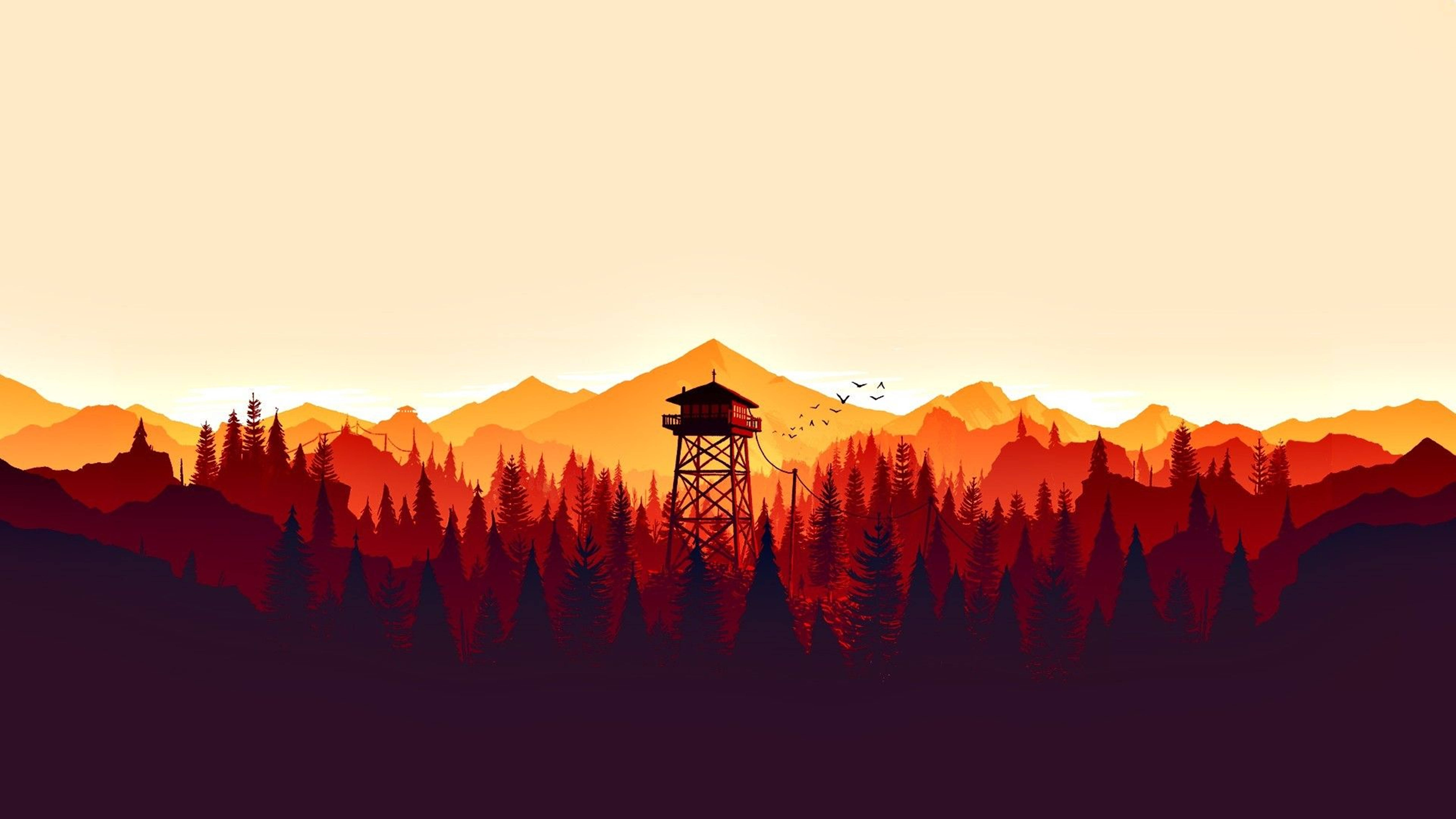 Firewatch, vibrant orange mountains, silhouetted fire lookout tower, 5K Desktop Wallpaper