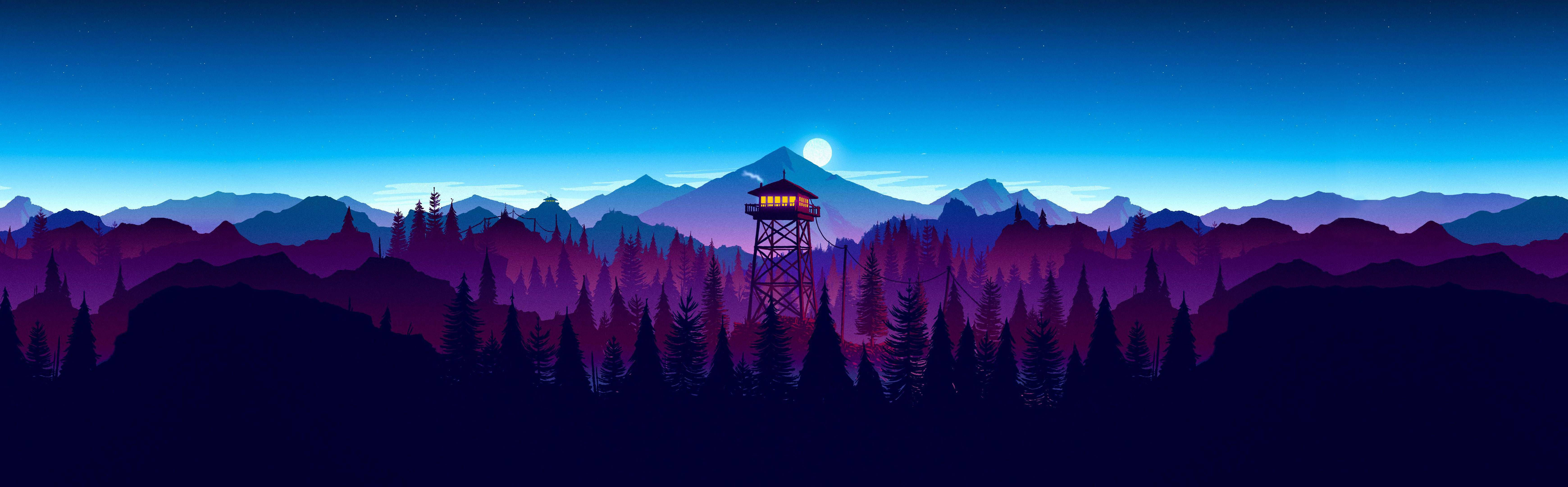 4K Dual Monitor Watchtower, forest, twilight sky, 5K Desktop Wallpaper