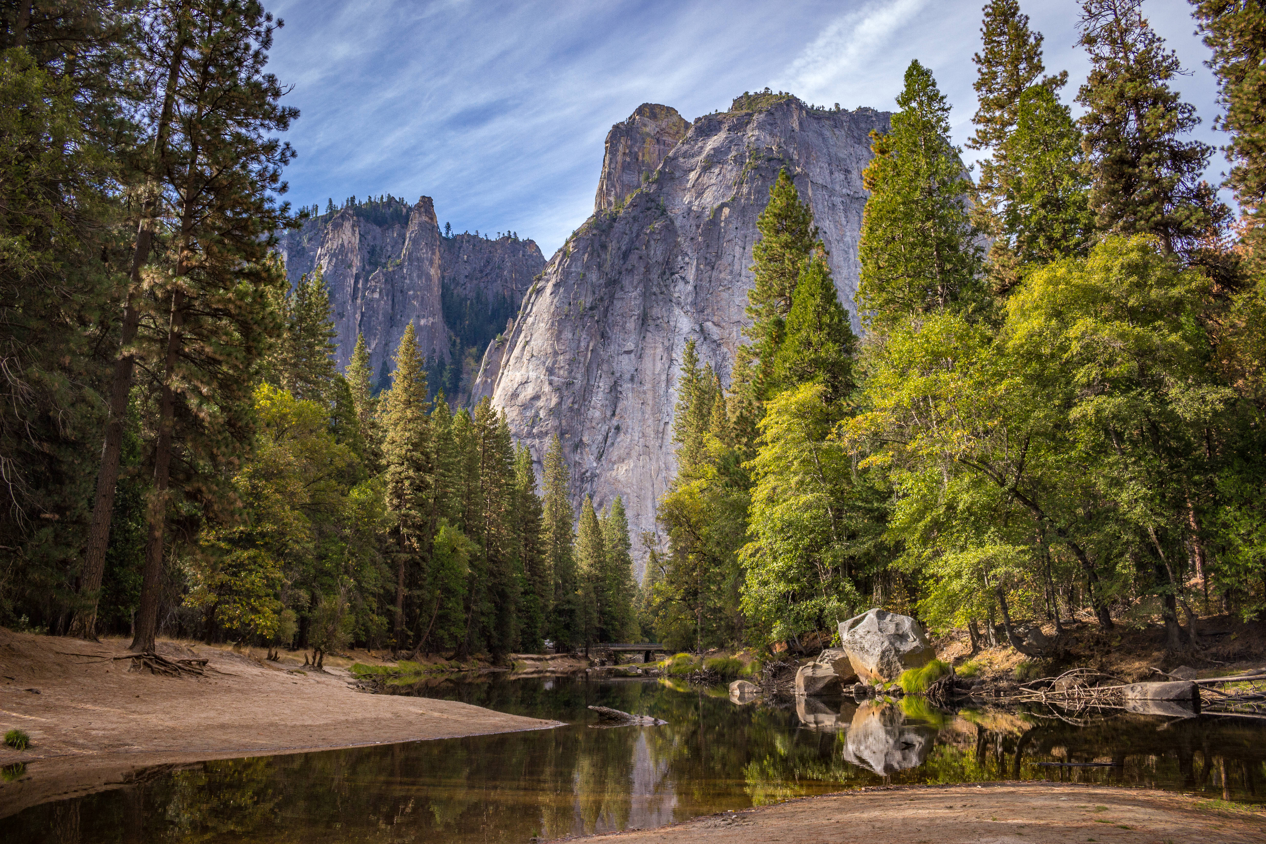 4K Computer Pine Tree Forest, serene river, towering granite cliffs, 5K Desktop Wallpaper