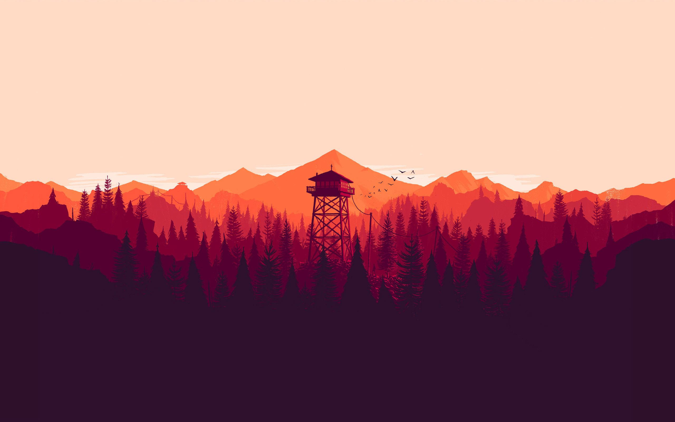 fire lookout tower, pine forest, sunset, 2K Desktop Wallpaper