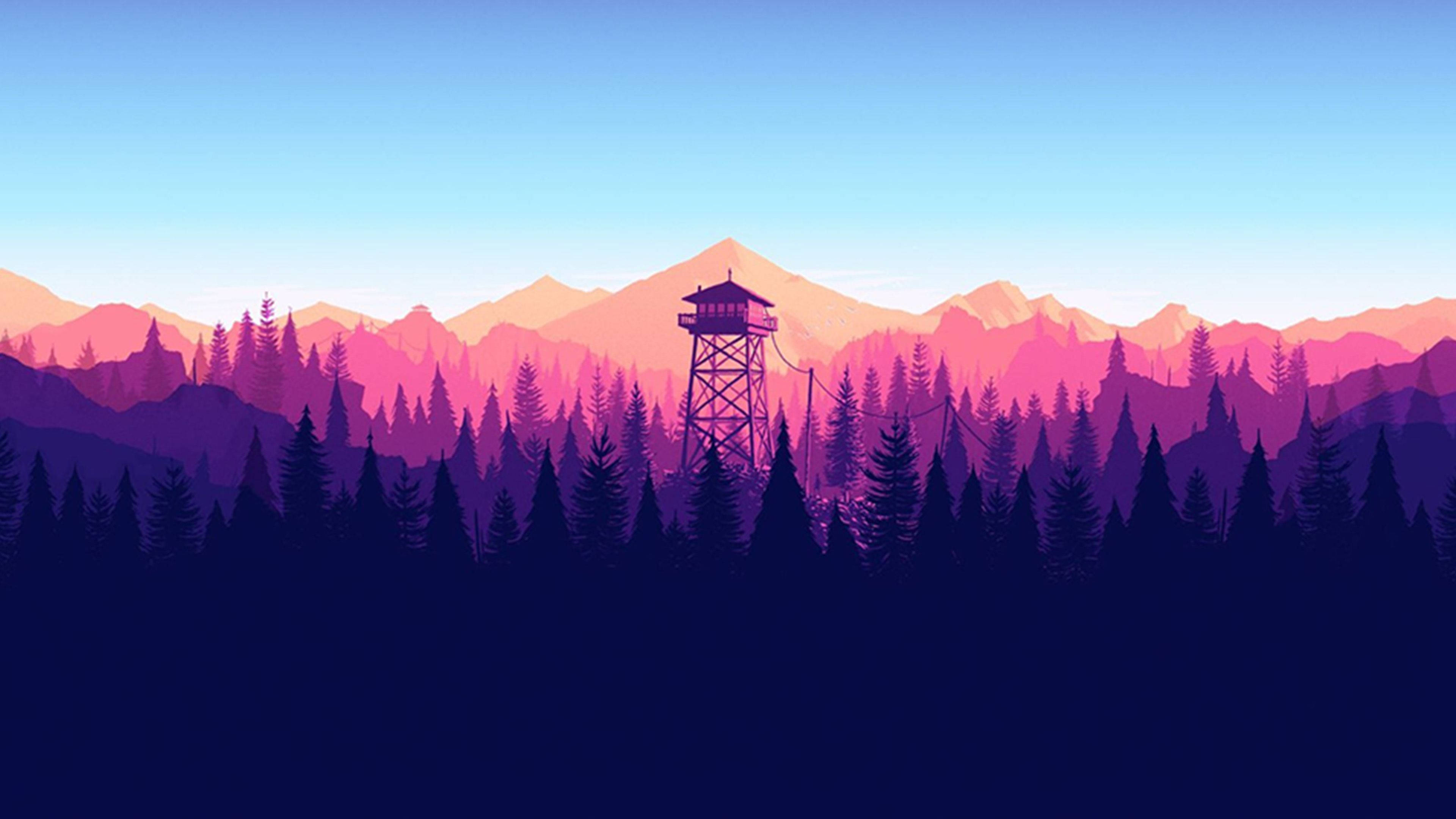 fire lookout tower, pine forest, sunset, 4K Desktop Wallpaper