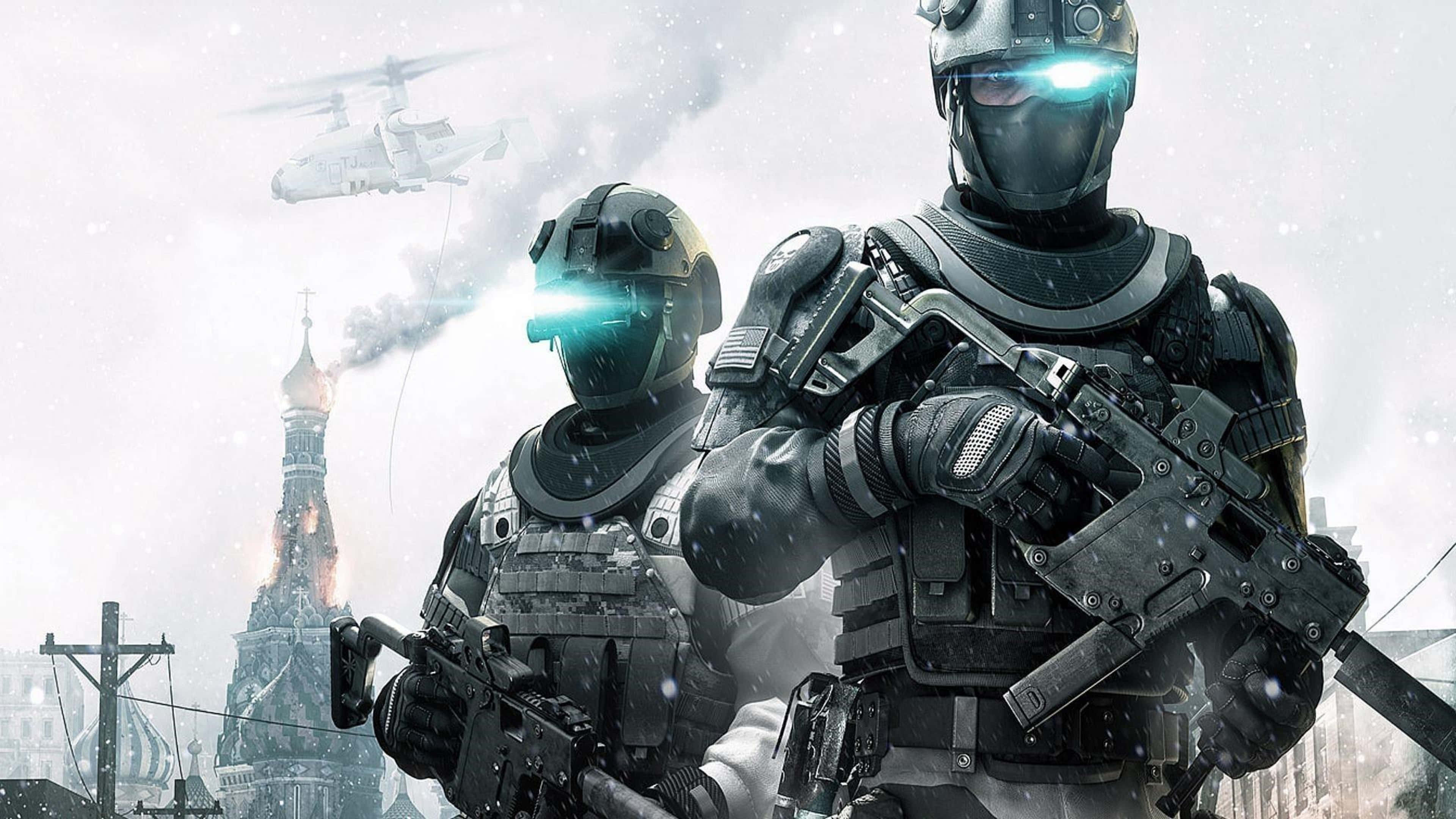 4K Ghost Recon, glowing blue visors, snowy urban battlefield, 4K Desktop Wallpaper