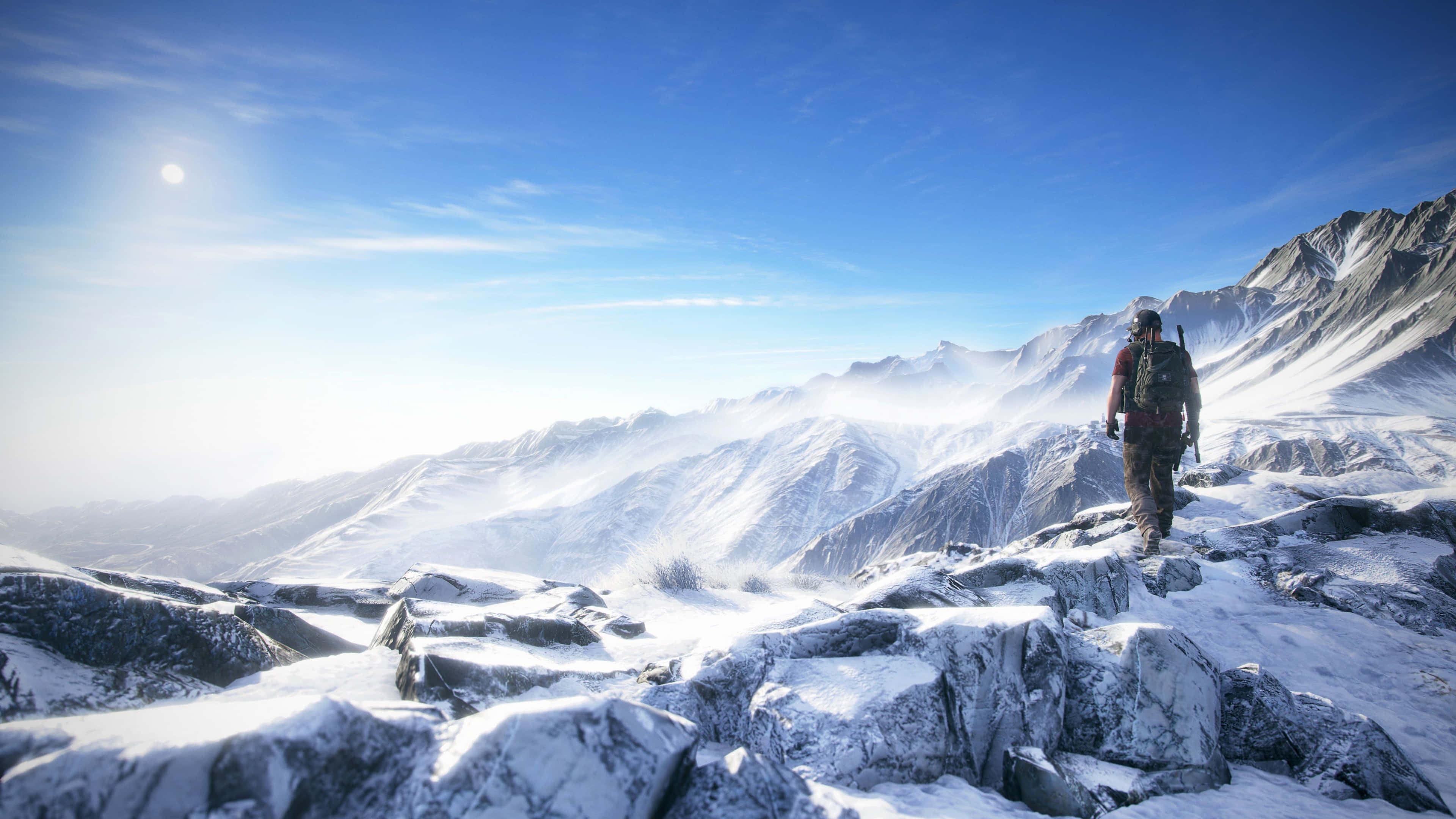 4K Ghost Recon, snow-covered mountain ridge, bright blue sky, 4K Desktop Wallpaper