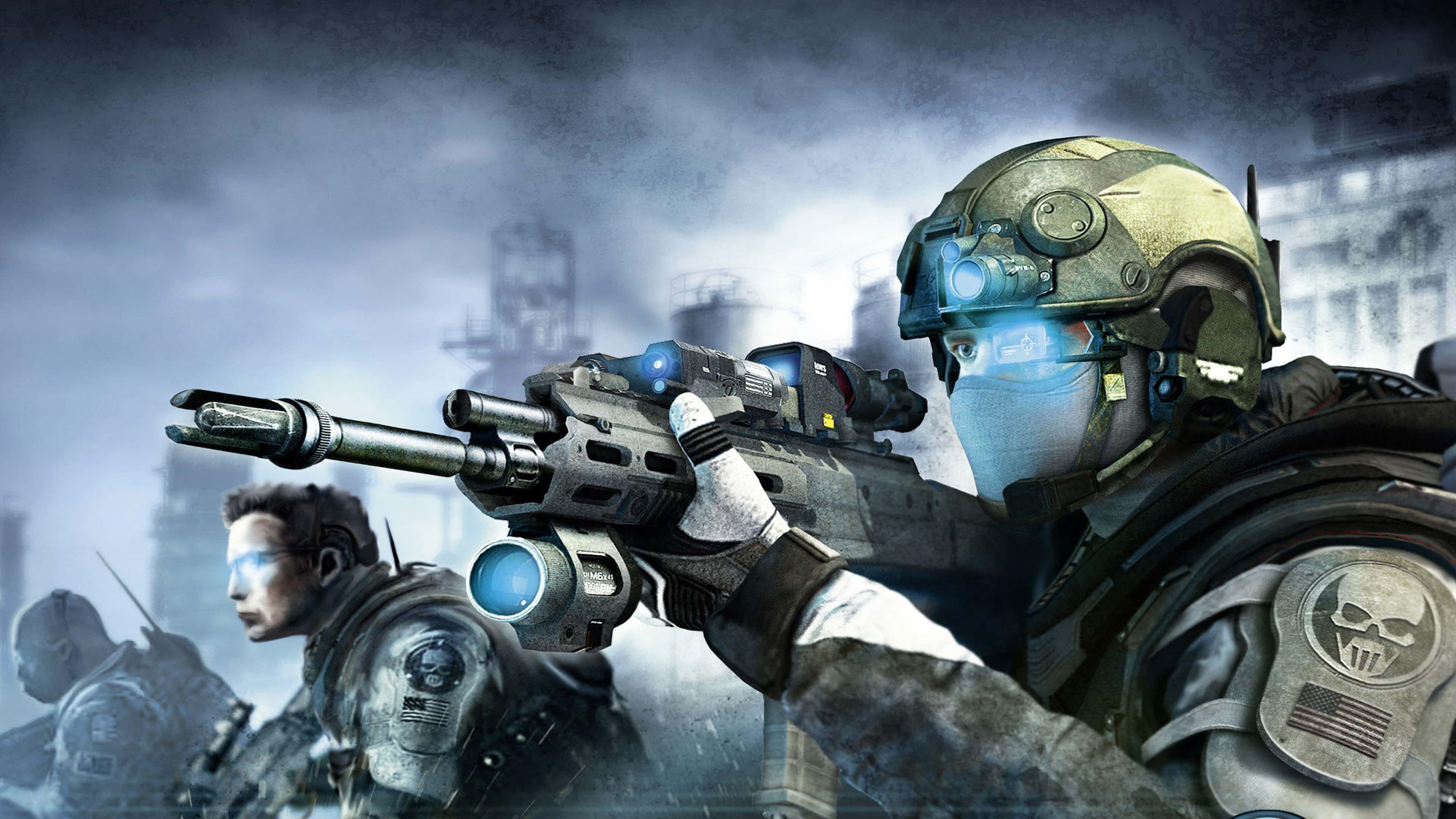4K Ghost Recon, futuristic armor, smoky ruined cityscape, 4K Desktop Wallpaper