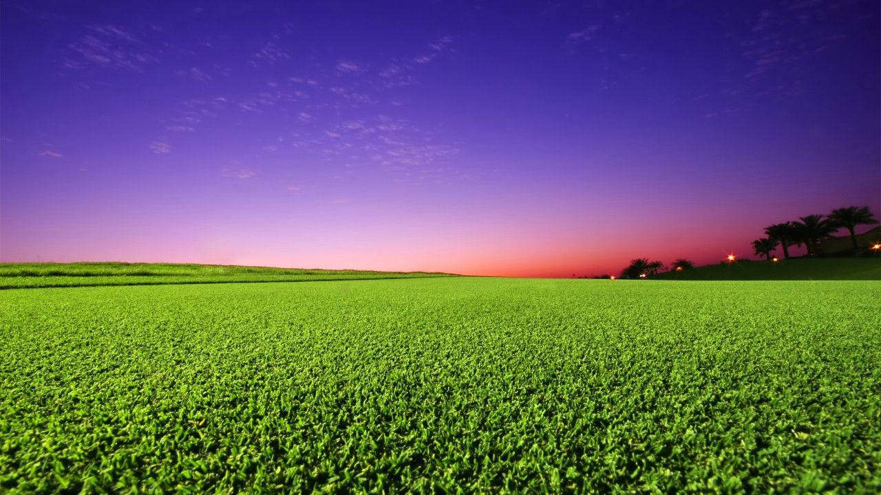 golf course, lush green grass, twilight sky, HD Desktop Wallpaper