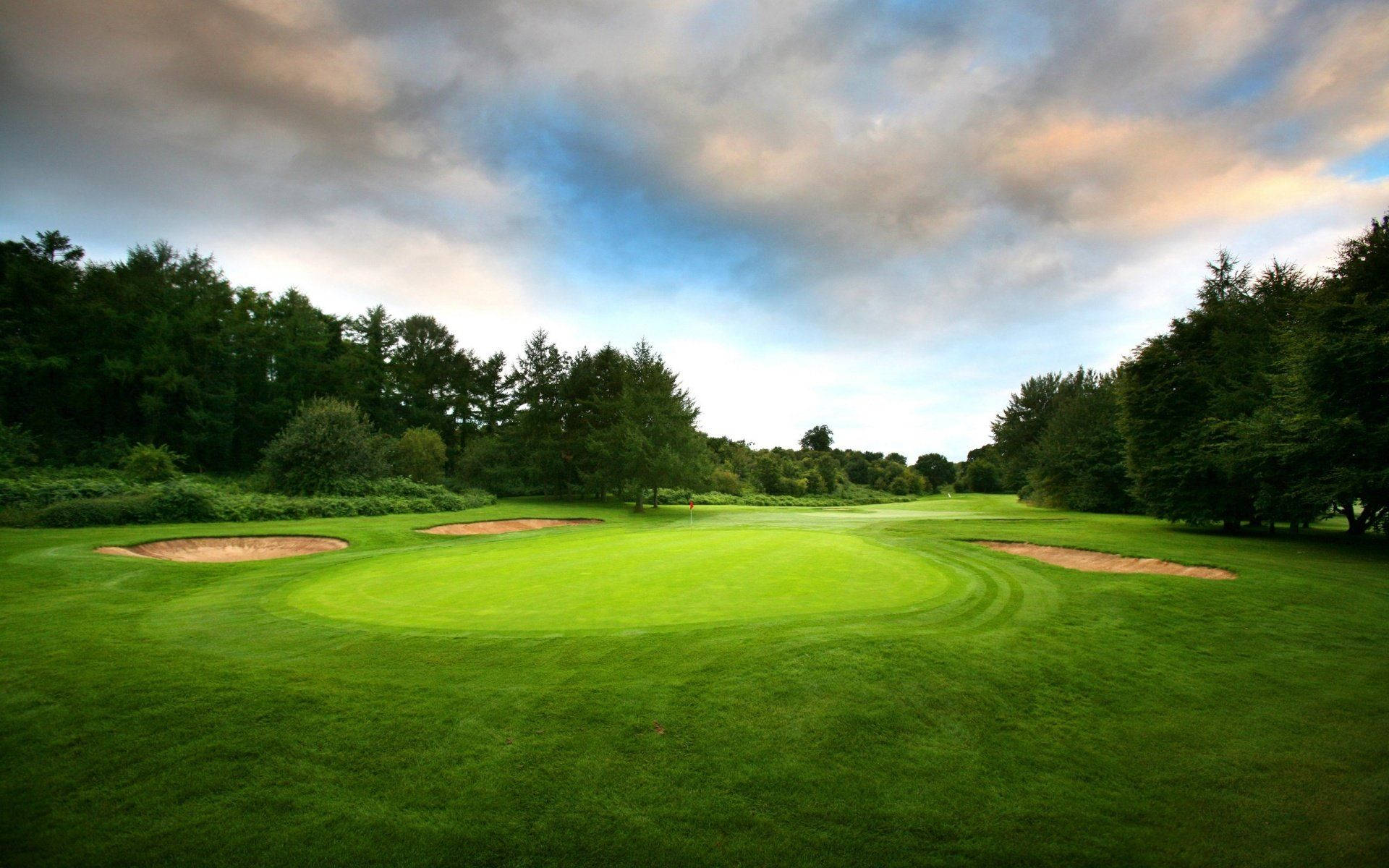 golf course, three holes, cloudy sky, Full HD Desktop Wallpaper