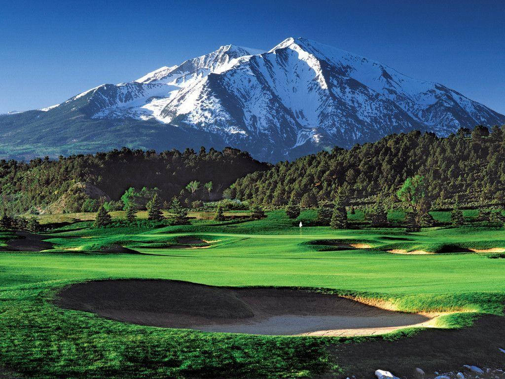 snow-capped mountain, golf course, sand traps, SD Desktop Wallpaper
