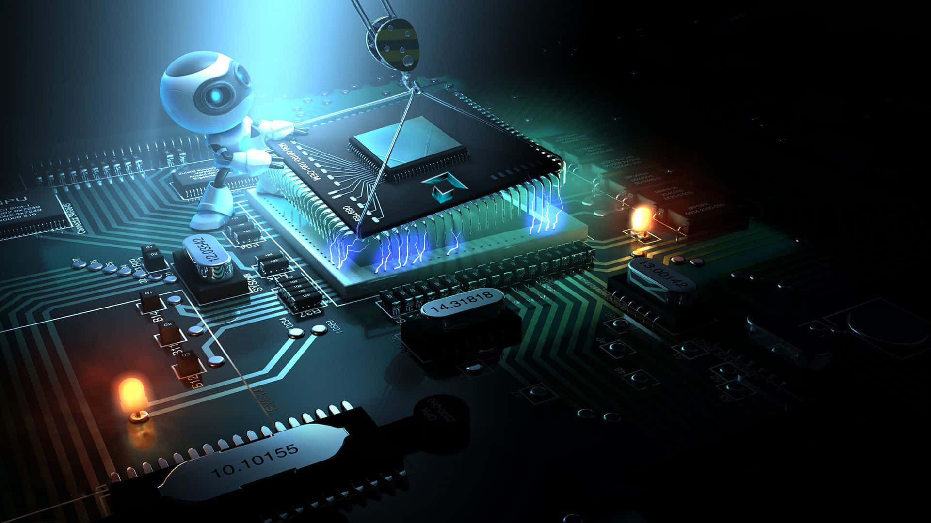 4K Graphics Cards, glowing circuit board, blue and orange lights, Full HD Desktop Wallpaper
