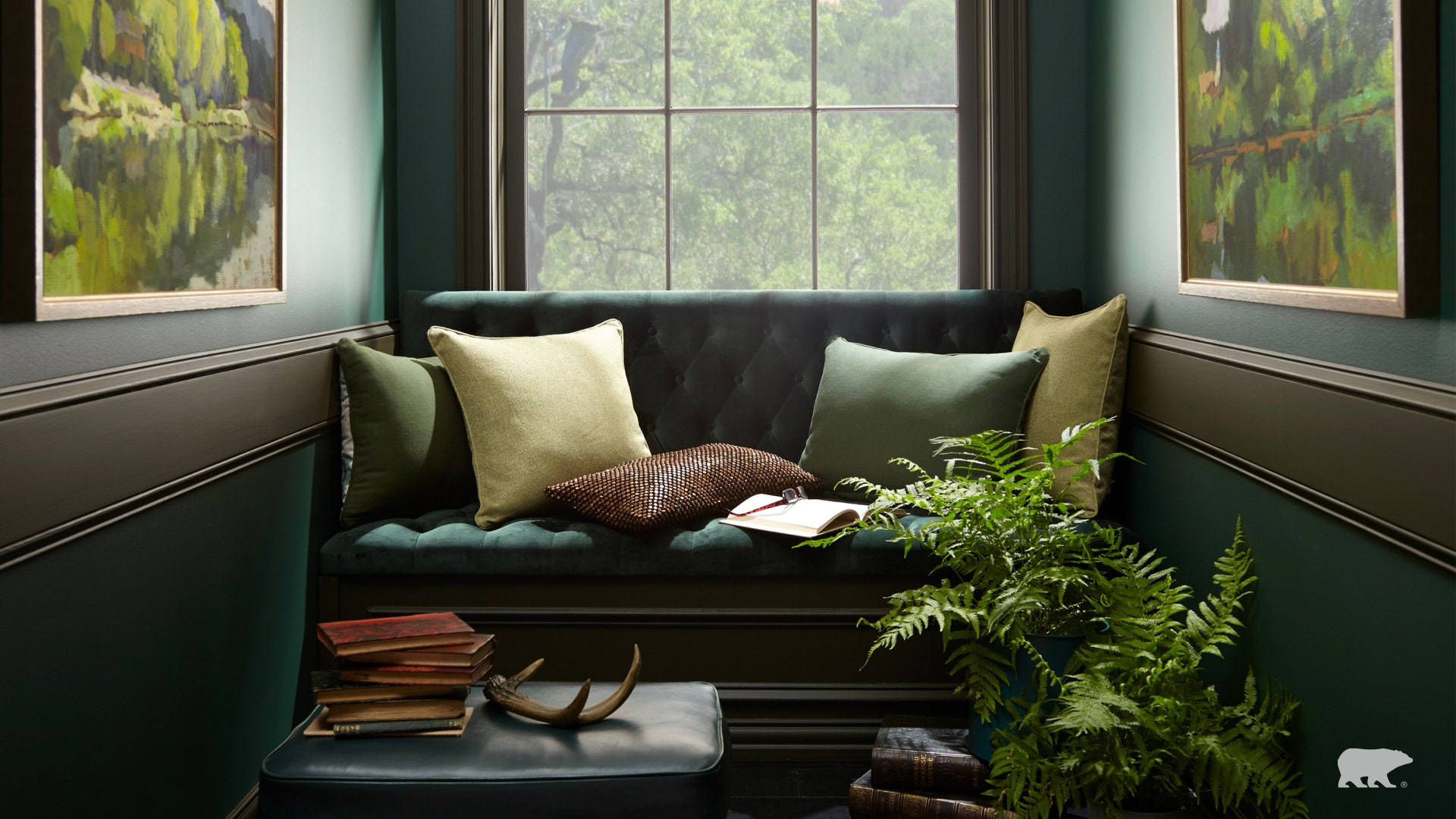green room, dark green tufted window seat, olive pillows, Full HD Desktop Wallpaper