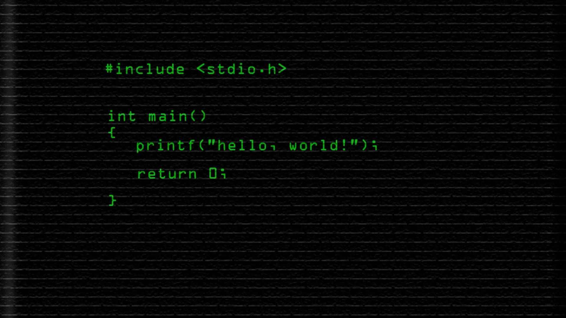 4K Programming Green Codec, Green glowing hello world C code, black screen, Full HD Desktop Wallpaper