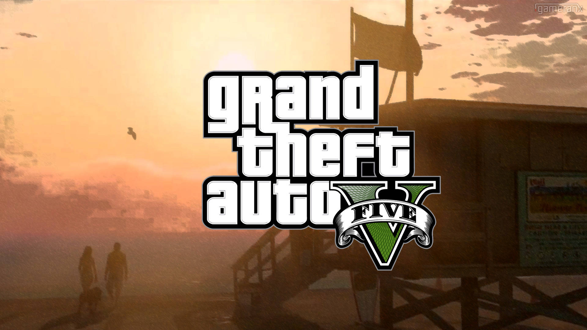 4K GTA 5, GTA 5 logo, hazy sunset, Full HD Desktop Wallpaper