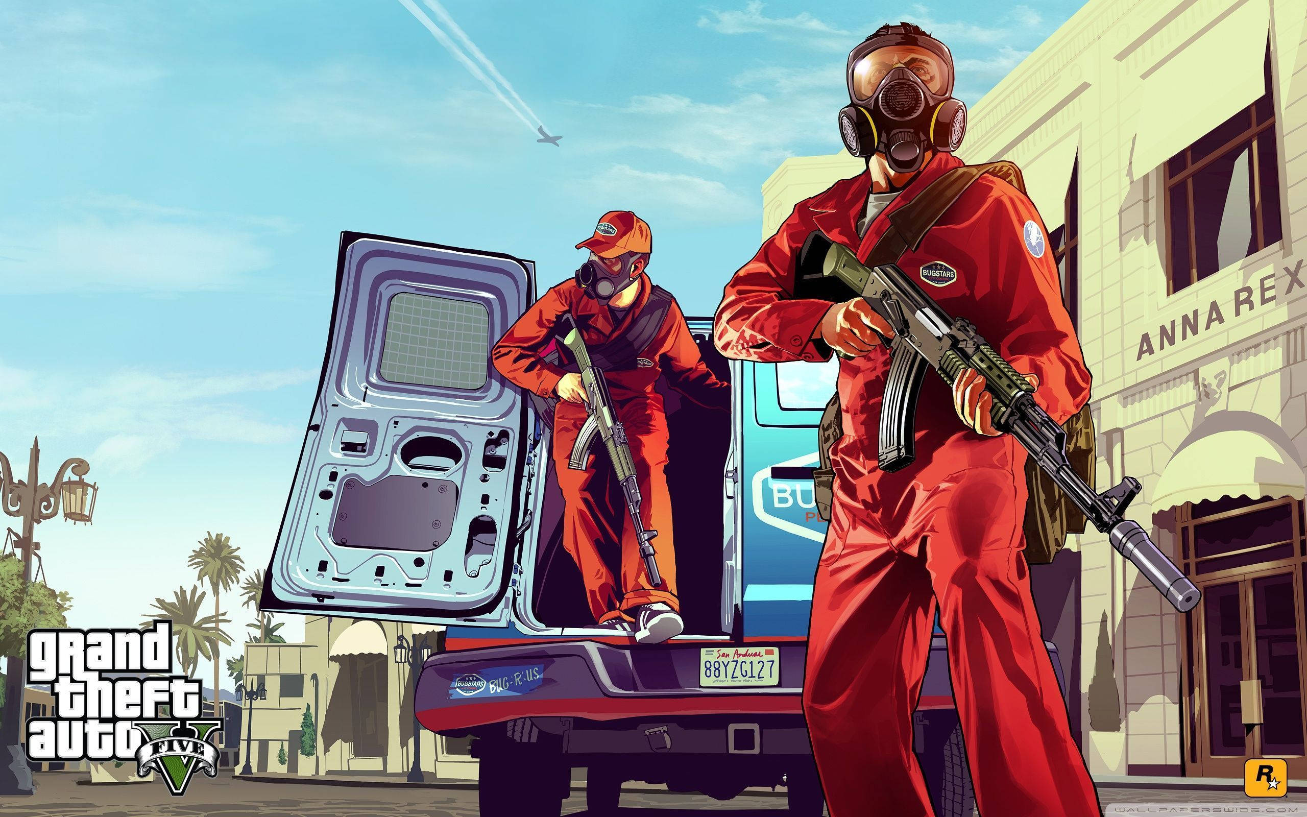 GTA 5, red jumpsuits, blue van, 2K Desktop Wallpaper