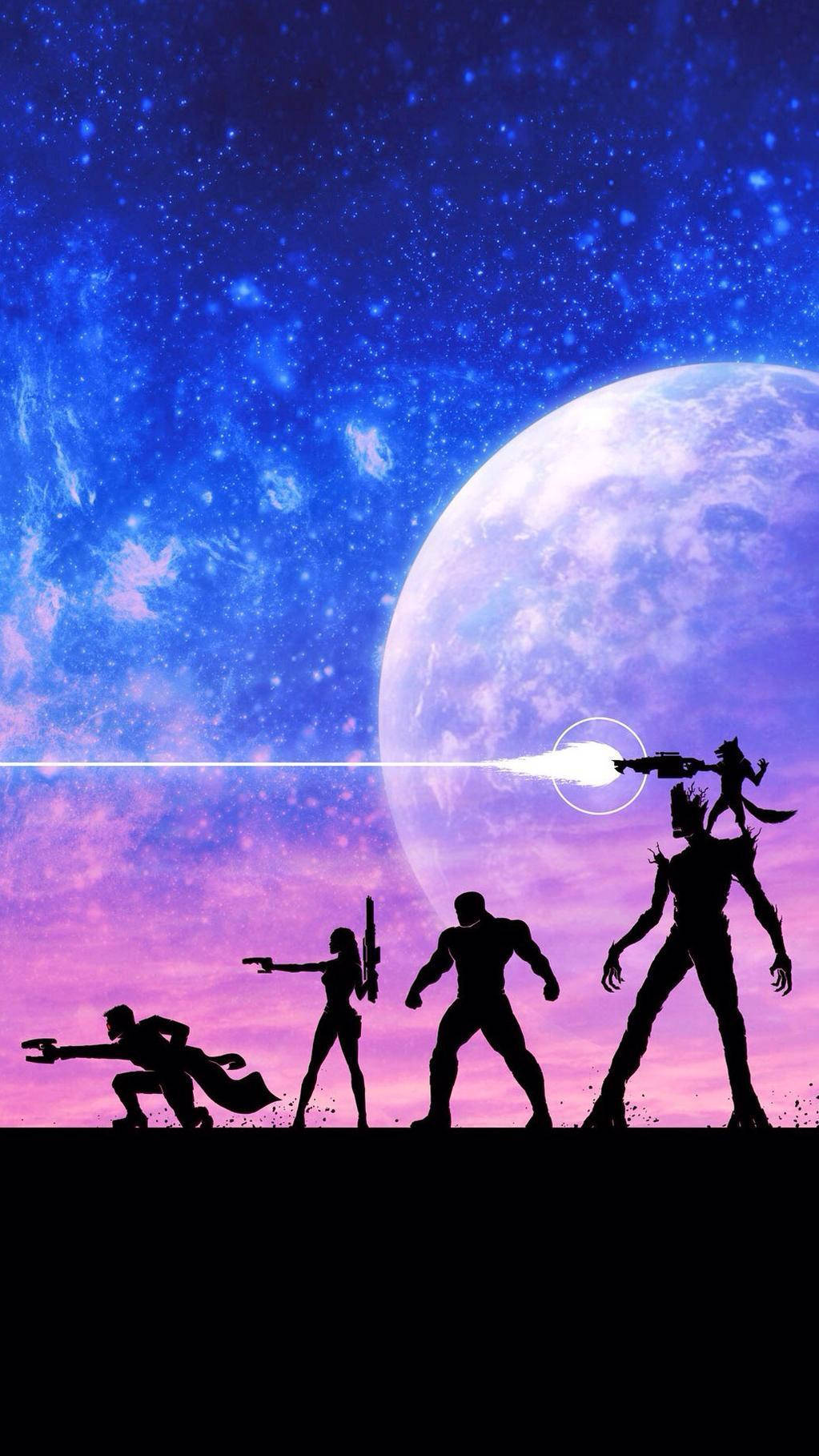 4K Guardians Of The Galaxy, silhouetted space warriors, giant moon, HD Phone Wallpaper