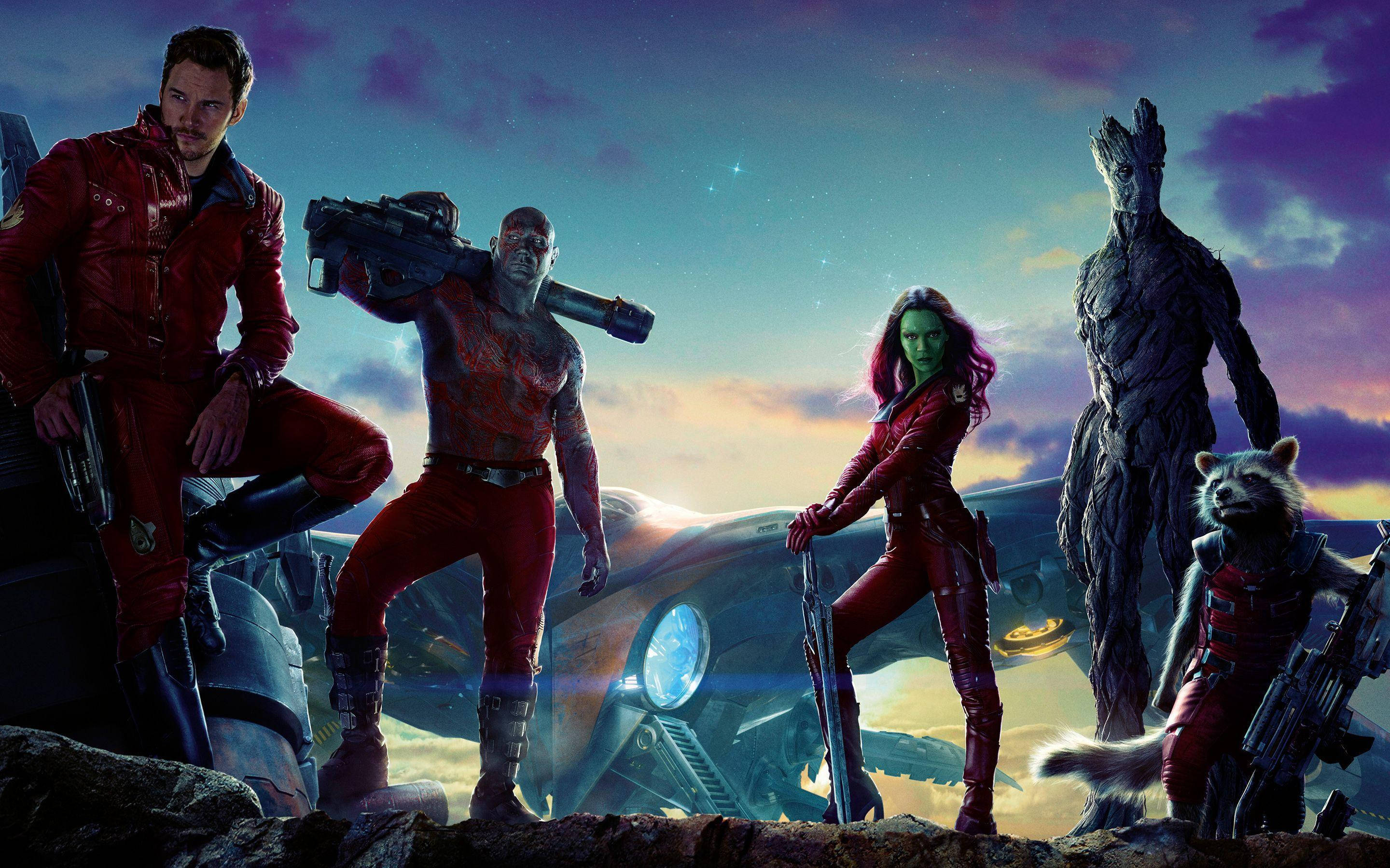 Guardians Of The Galaxy, rocky outcrop, vibrant twilight sky, 2K Desktop Wallpaper