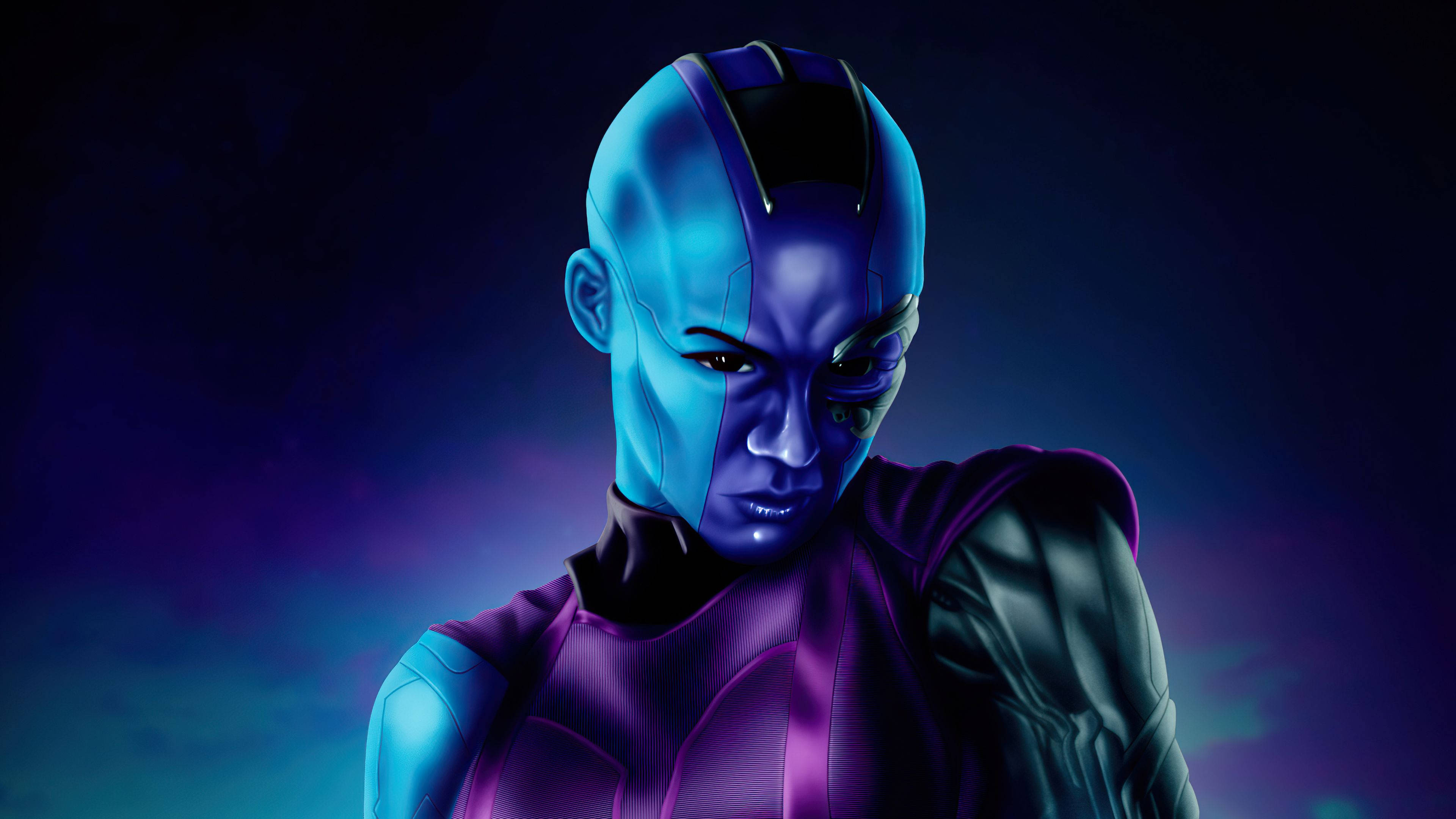 Guardians of the Galaxy, blue-skinned alien warrior, glowing eyes, 4K Desktop Wallpaper